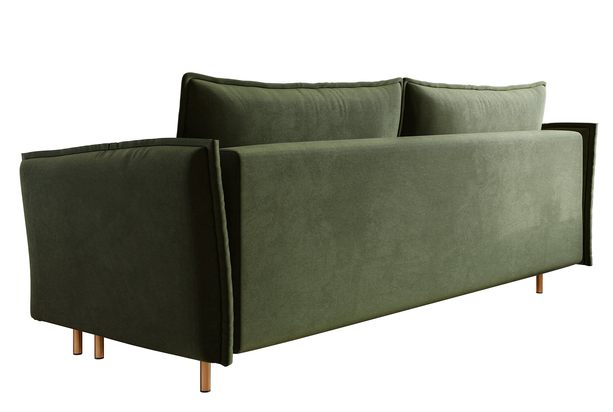 Dreisitziges ausklappbares Sofa Ummo in Olivgrün mit Stauraum, hydrophobem Samtstoff und goldfarbenen Beinen