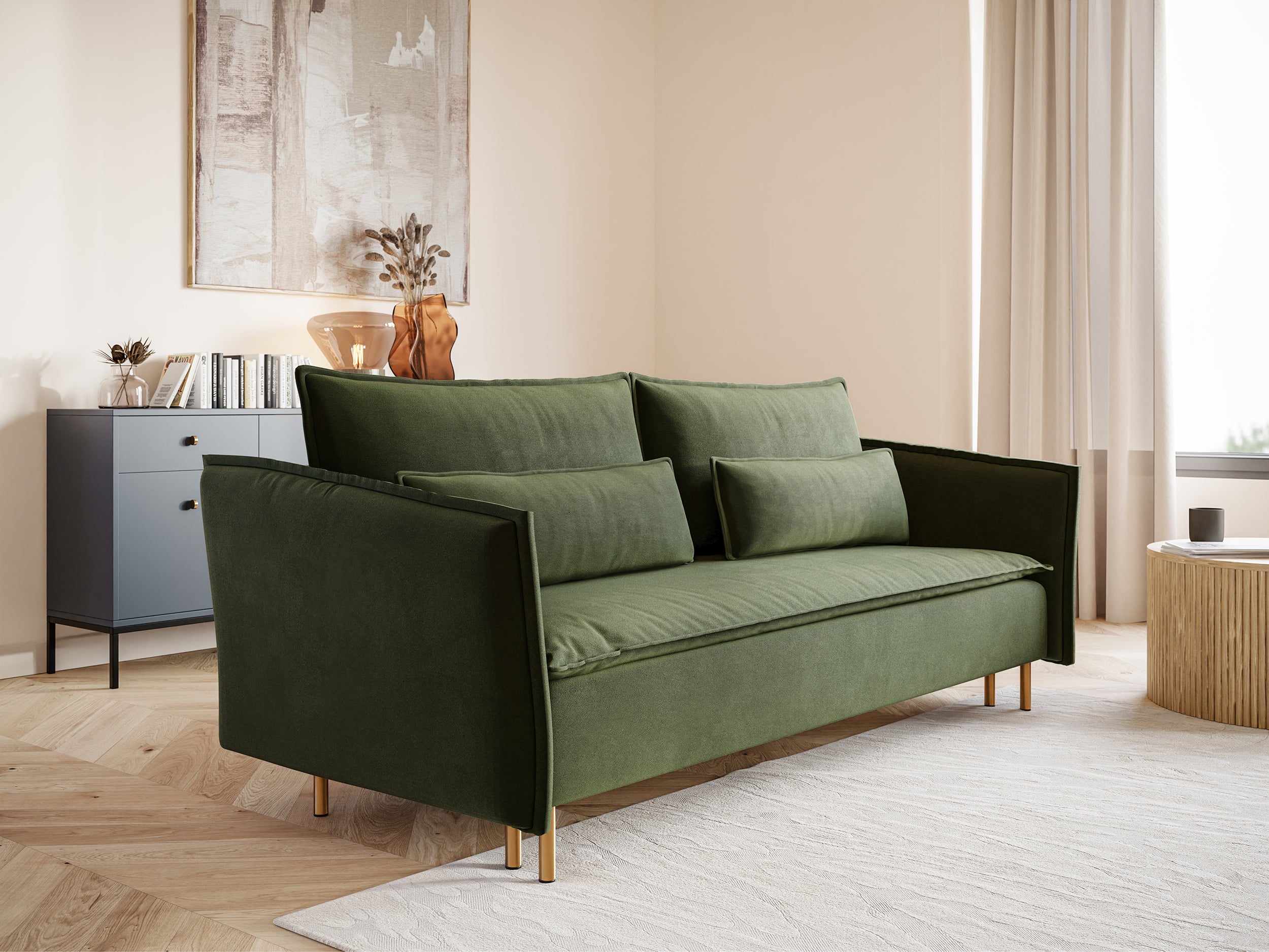 Dreisitziges ausklappbares Sofa Ummo in Olivgrün mit Stauraum, hydrophobem Samtstoff und goldfarbenen Beinen