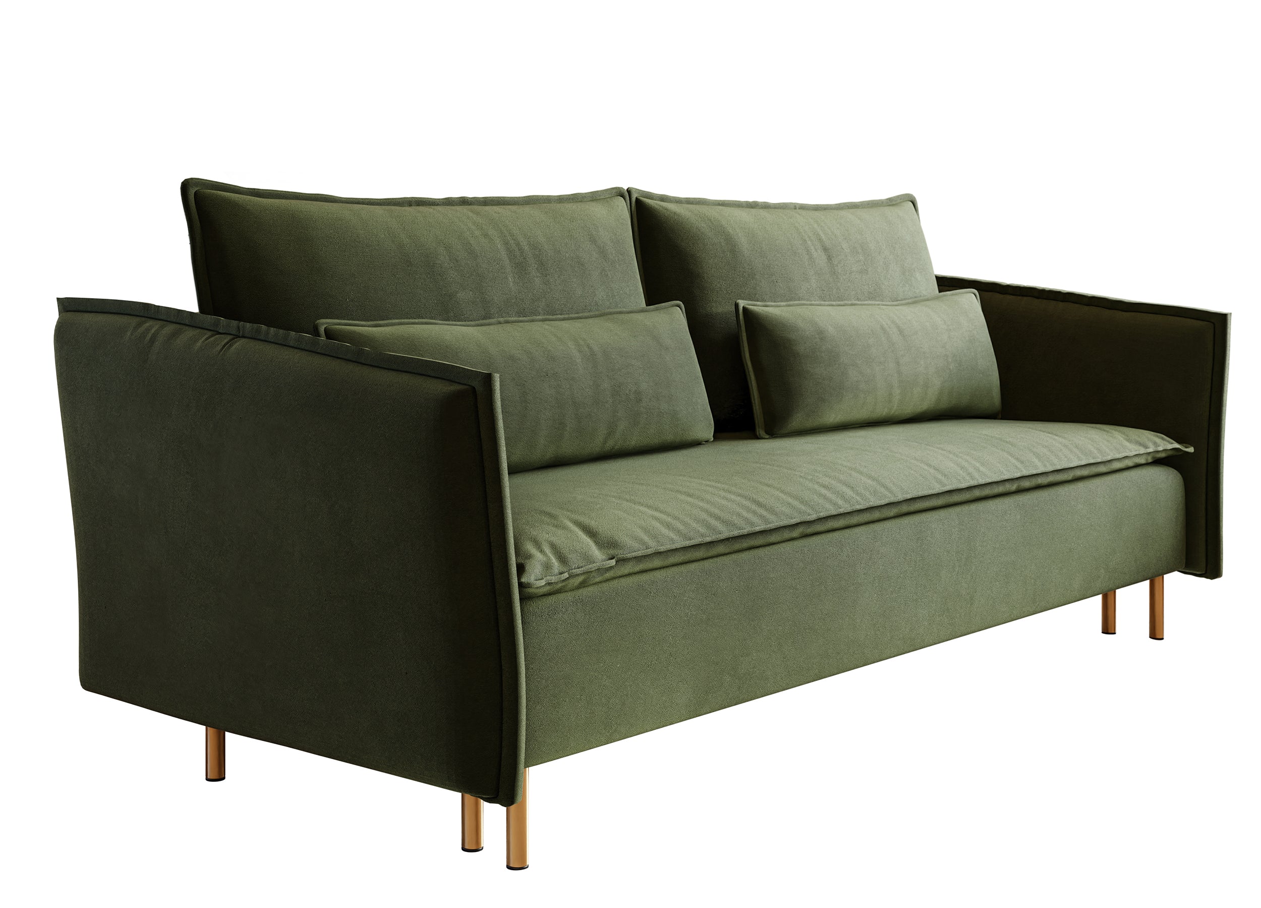 Dreisitziges ausklappbares Sofa Ummo in Olivgrün mit Stauraum, hydrophobem Samtstoff und goldfarbenen Beinen
