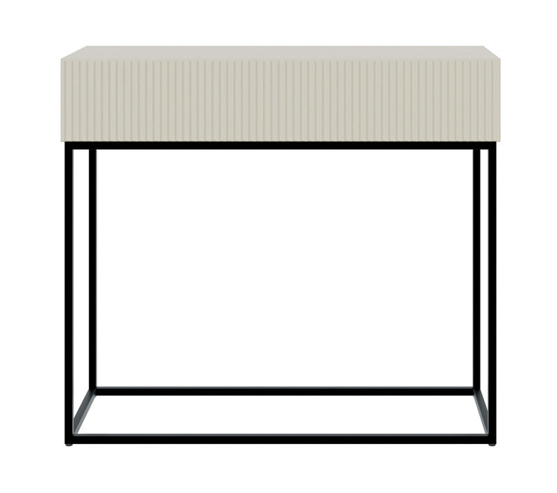 Veldio-Konsole mit gefräster Front und 90 cm Schublade, grau-beige mit schwarzen Beinen