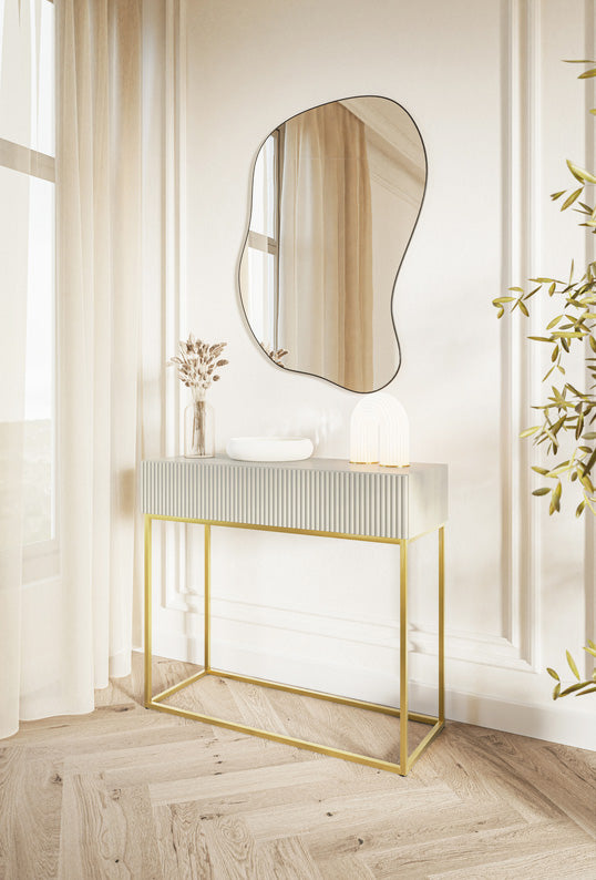 Veldio-Konsole mit gefräster Front und 90 cm Schublade, grau-beige mit goldenen Beinen