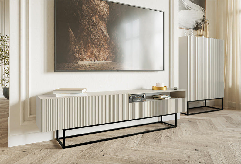 TV-Schrank Veldio mit gefräster Front und Nische, 175 cm, Grau-Beige mit schwarzen Beinen