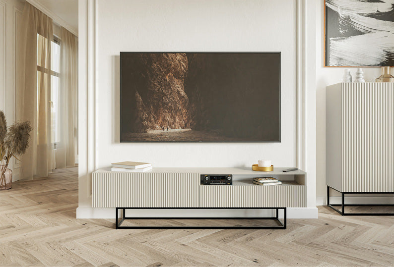 TV-Schrank Veldio mit gefräster Front und Nische, 175 cm, Grau-Beige mit schwarzen Beinen