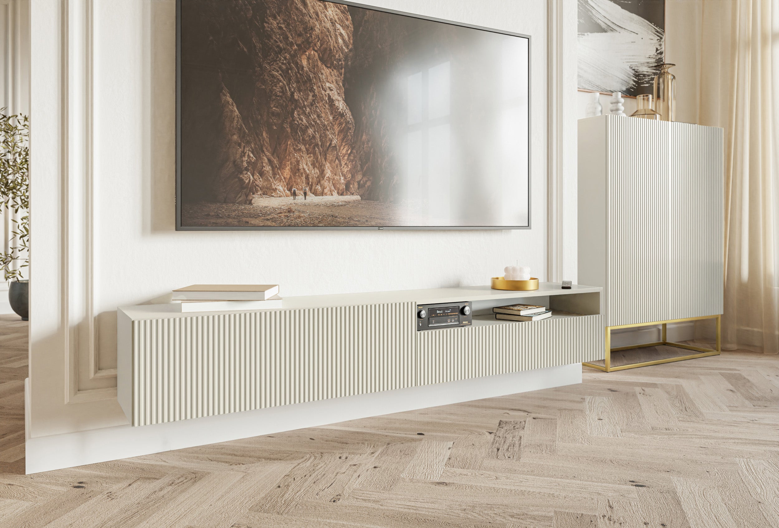 TV-Schrank Veldio mit gefräster Front und Nische, 175 cm, Grau-Beige, hängend