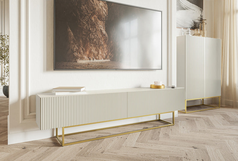 TV-Schrank Veldio mit gefräster Front 175 cm Grau-Beige mit goldenen Beinen