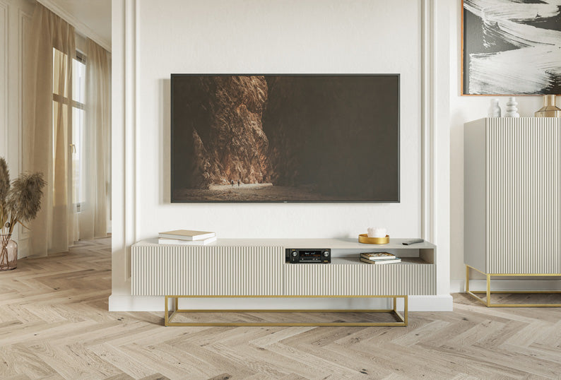 TV-Schrank Veldio mit gefräster Front und Nische, 175 cm, Grau-Beige mit goldenen Beinen