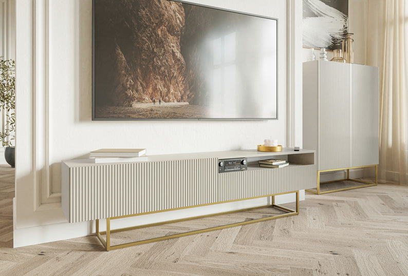 TV-Schrank Veldio mit gefräster Front und Nische, 175 cm, Grau-Beige mit goldenen Beinen