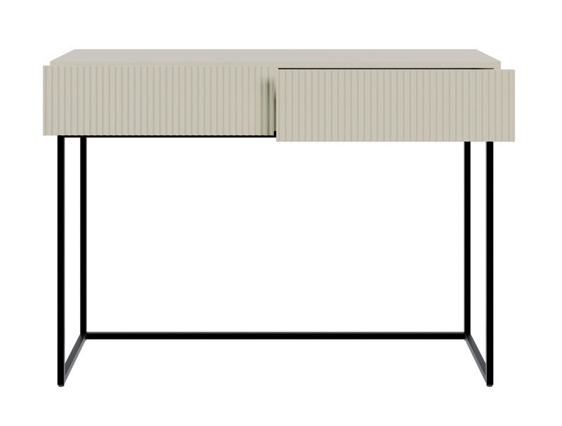 Schminktisch Veldio mit gefräster Front und zwei Schubladen, 110 cm, Grau-Beige mit schwarzen Beinen