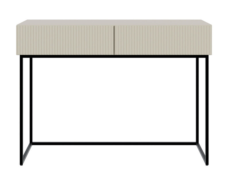 Schminktisch Veldio mit gefräster Front und zwei Schubladen, 110 cm, Grau-Beige mit schwarzen Beinen