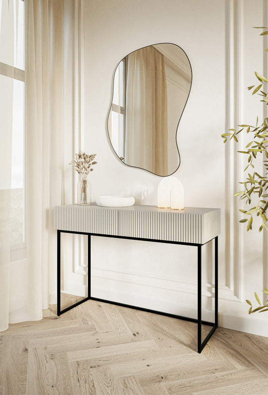 Schminktisch Veldio mit gefräster Front und zwei Schubladen, 110 cm, Grau-Beige mit schwarzen Beinen