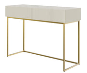 Schminktisch Veldio mit gefräster Front und zwei Schubladen, 110 cm, grau-beige mit goldenen Beinen