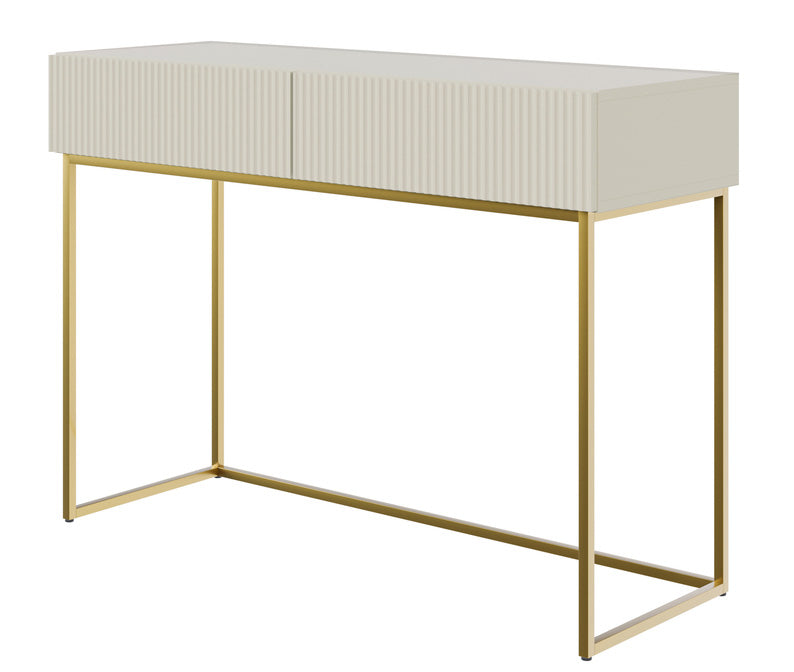 Schminktisch Veldio mit gefräster Front und zwei Schubladen, 110 cm, grau-beige mit goldenen Beinen