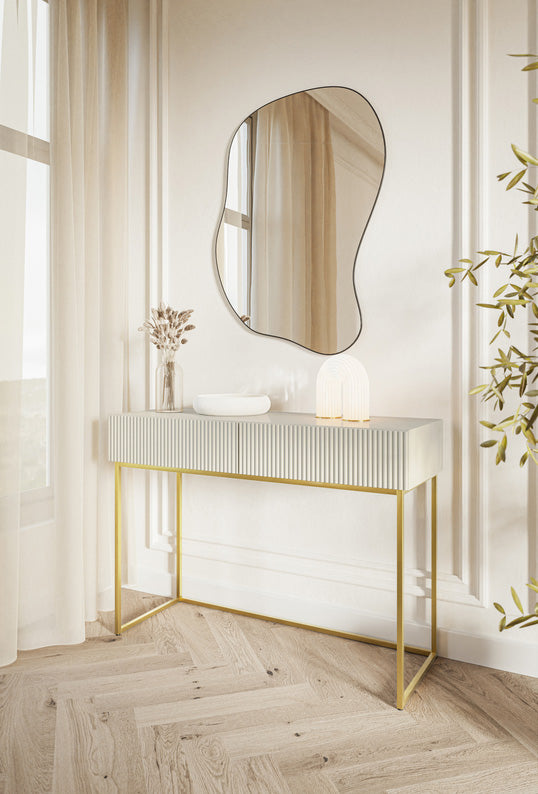Schminktisch Veldio mit gefräster Front und zwei Schubladen, 110 cm, grau-beige mit goldenen Beinen