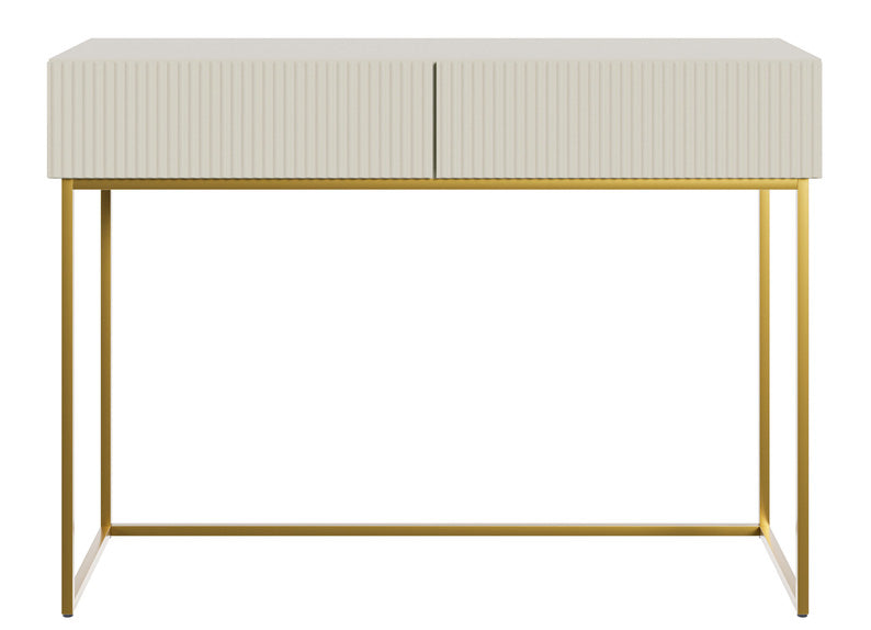 Schminktisch Veldio mit gefräster Front und zwei Schubladen, 110 cm, grau-beige mit goldenen Beinen