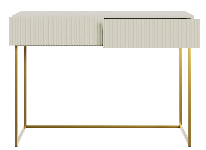 Schminktisch Veldio mit gefräster Front und zwei Schubladen, 110 cm, grau-beige mit goldenen Beinen