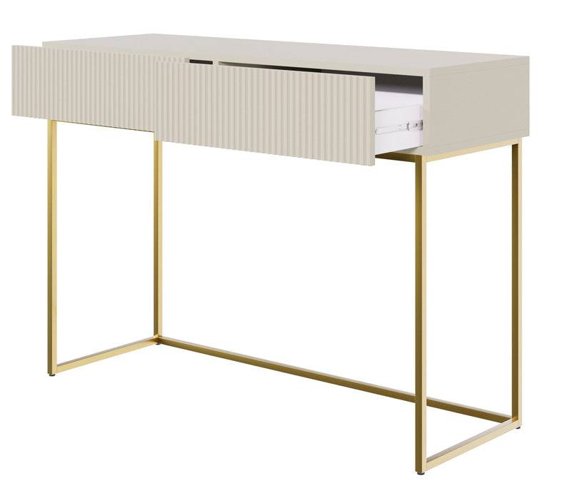 Schminktisch Veldio mit gefräster Front und zwei Schubladen, 110 cm, grau-beige mit goldenen Beinen