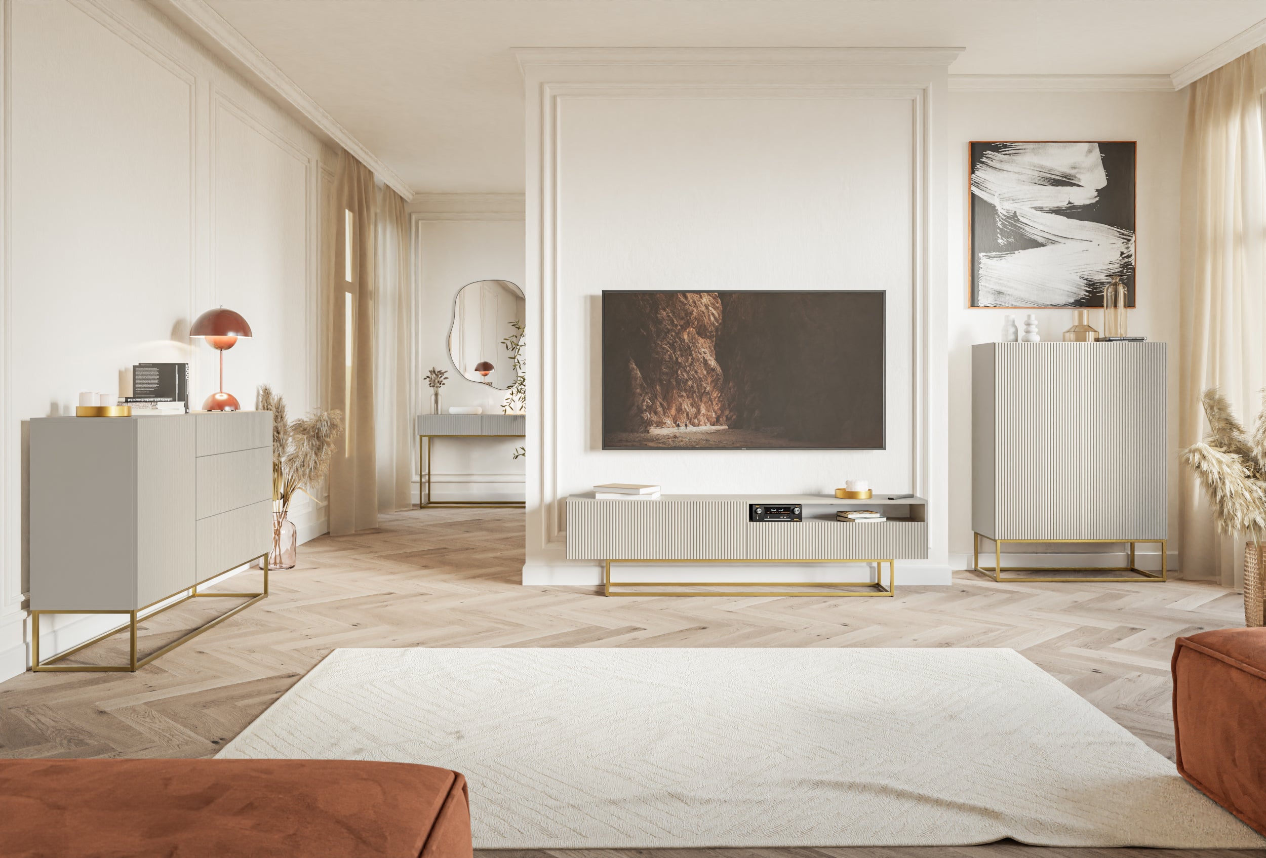 Zweiturige Kommode Veldio mit gefräster Front 90 cm Grau-Beige mit goldenen Beinen