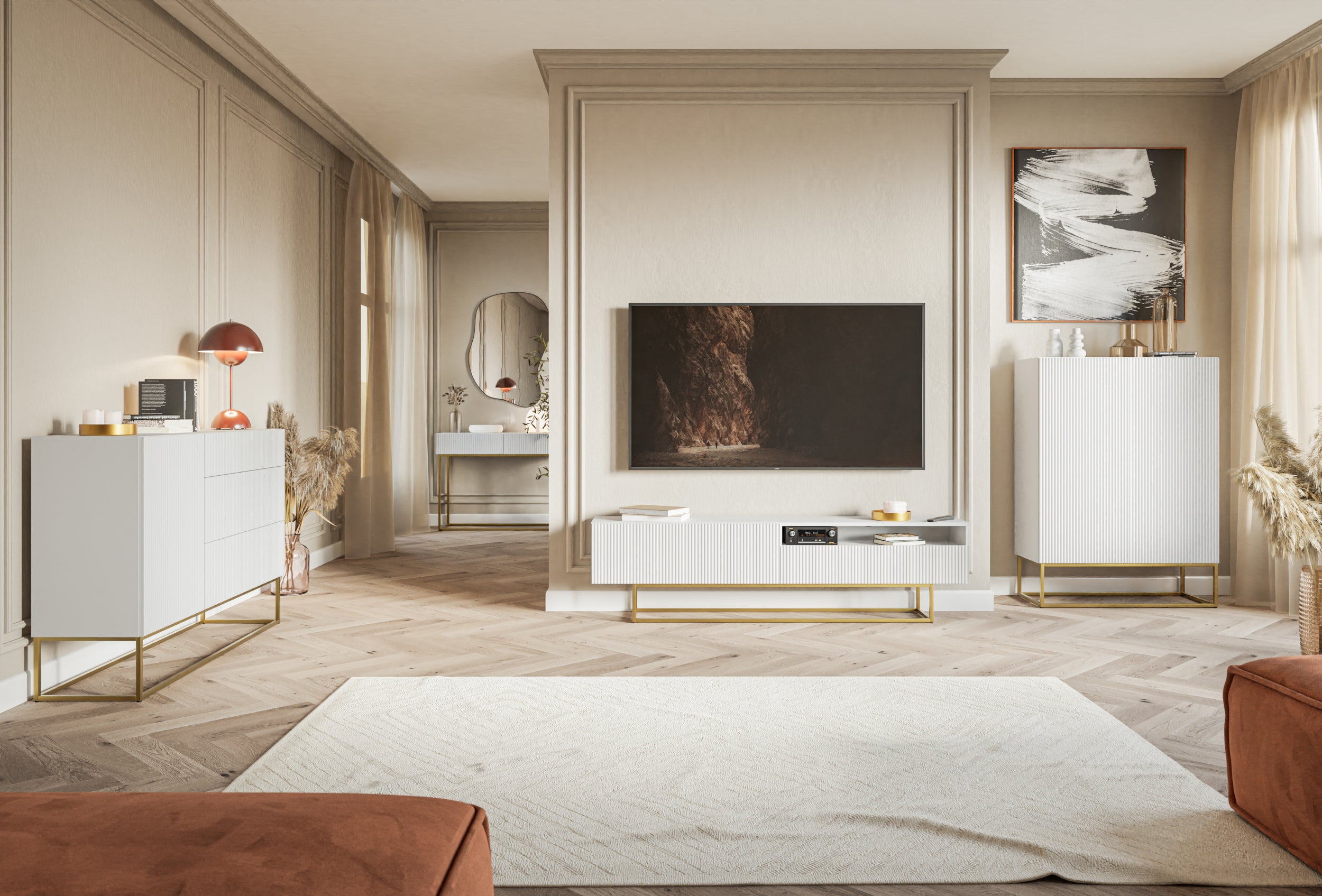 TV-Schrank Veldio mit gefräster Front und Nische, 175 cm, Weiß mit goldenen Beinen
