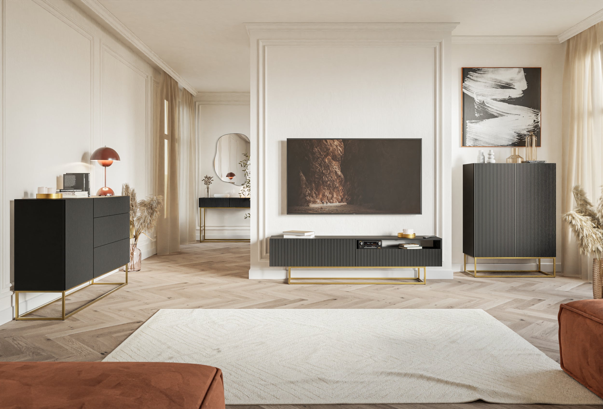 Toilettentisch Veldio mit gefräster Front und zwei Schubladen, 110 cm, Schwarz mit goldenen Beinen