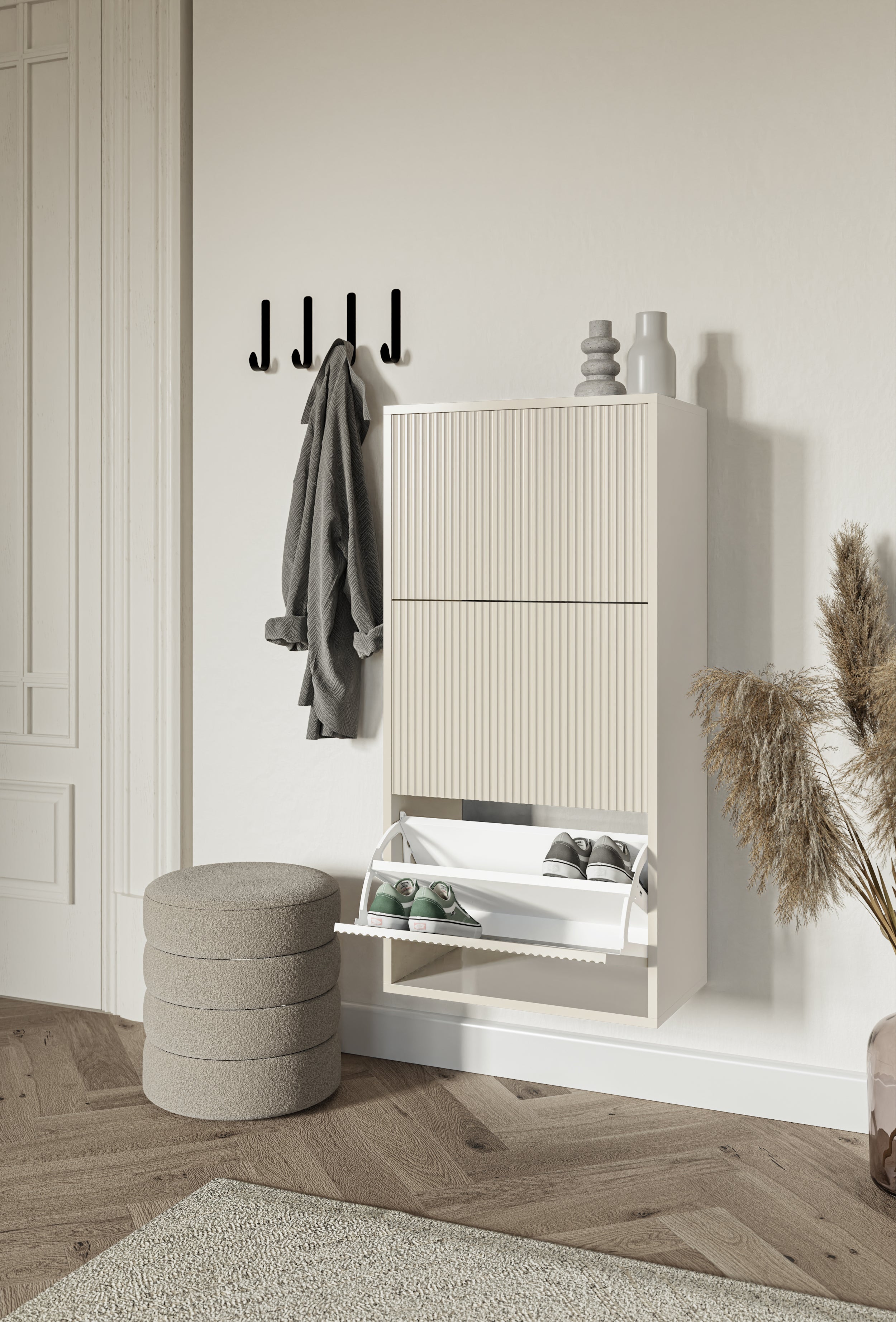 Schuhschrank Veldio mit gefräster Front und drei Fächern, 50 cm, Grau-Beige, zum Aufhängen