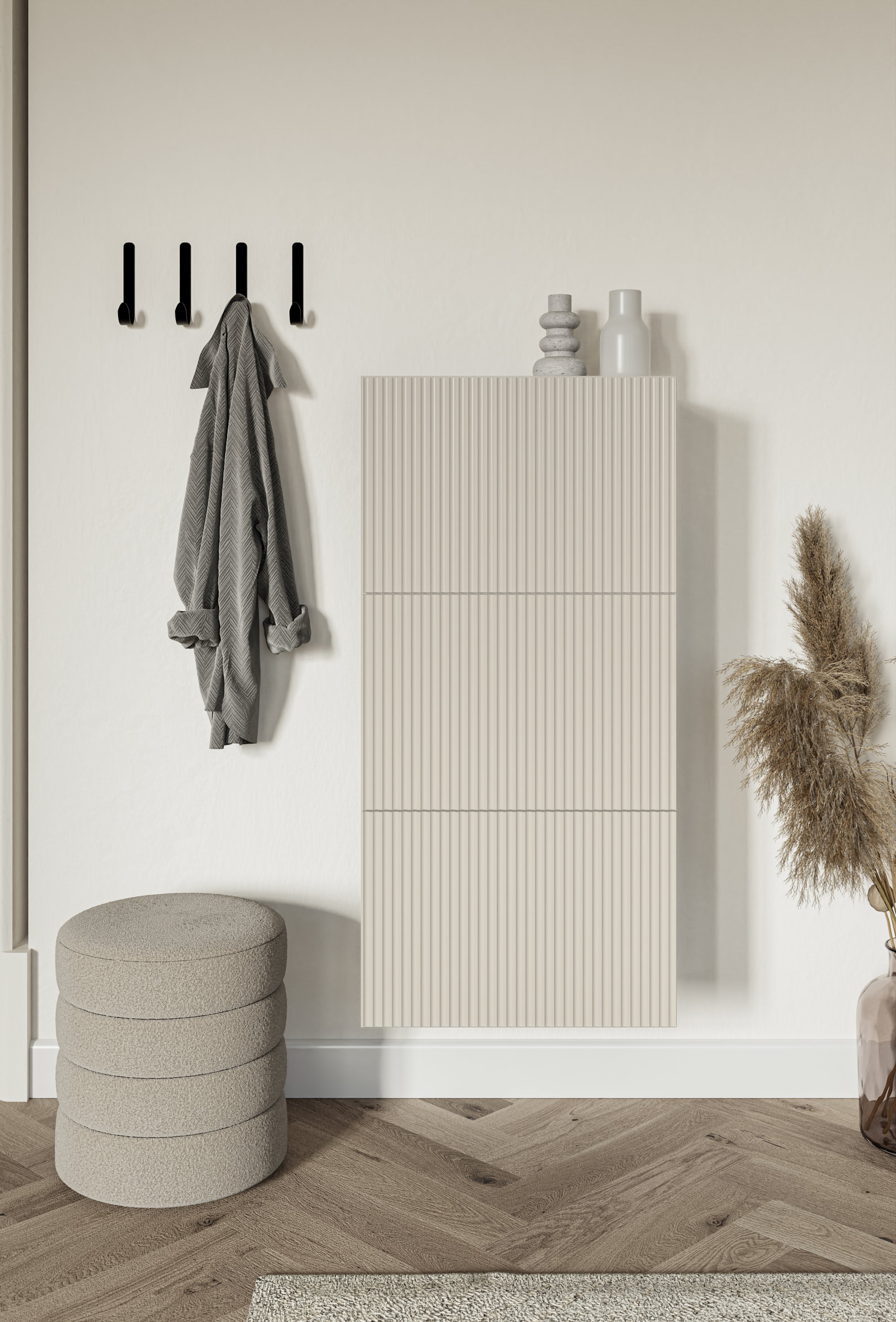 Schuhschrank Veldio mit gefräster Front und drei Fächern, 50 cm, Grau-Beige, zum Aufhängen
