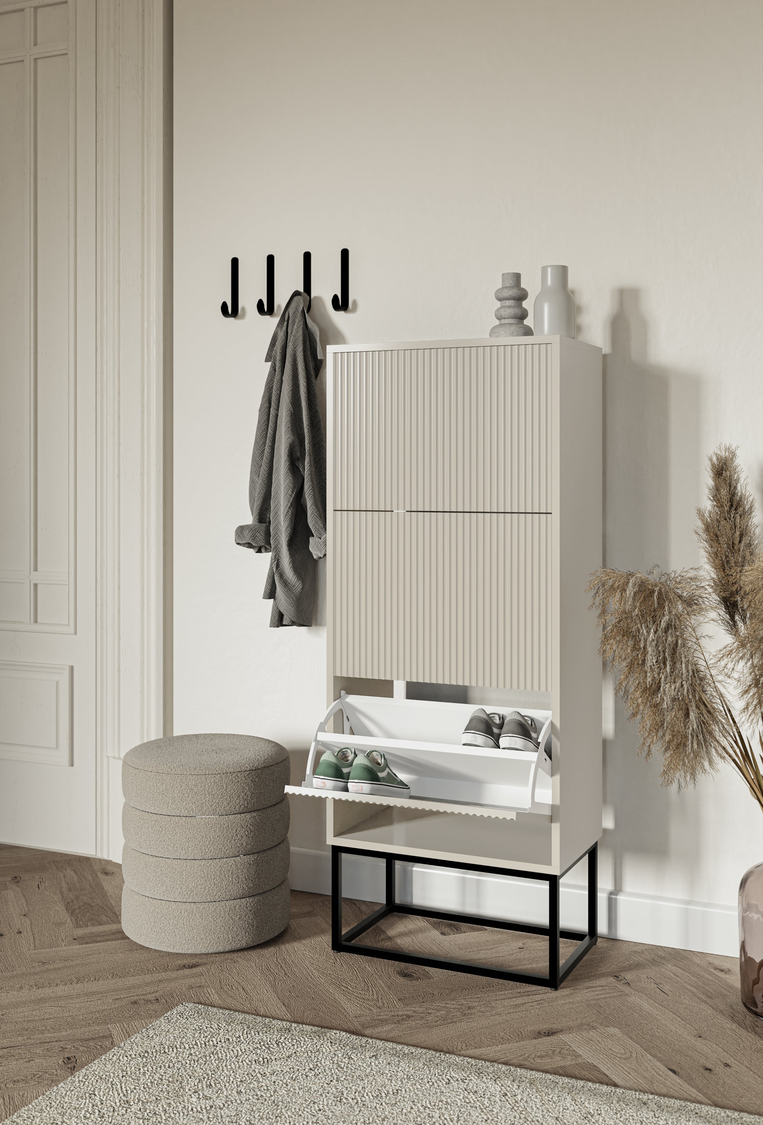 Schuhschrank Veldio mit gefräster Front und drei Fächern, 50 cm, grau-beige mit schwarzen Beinen