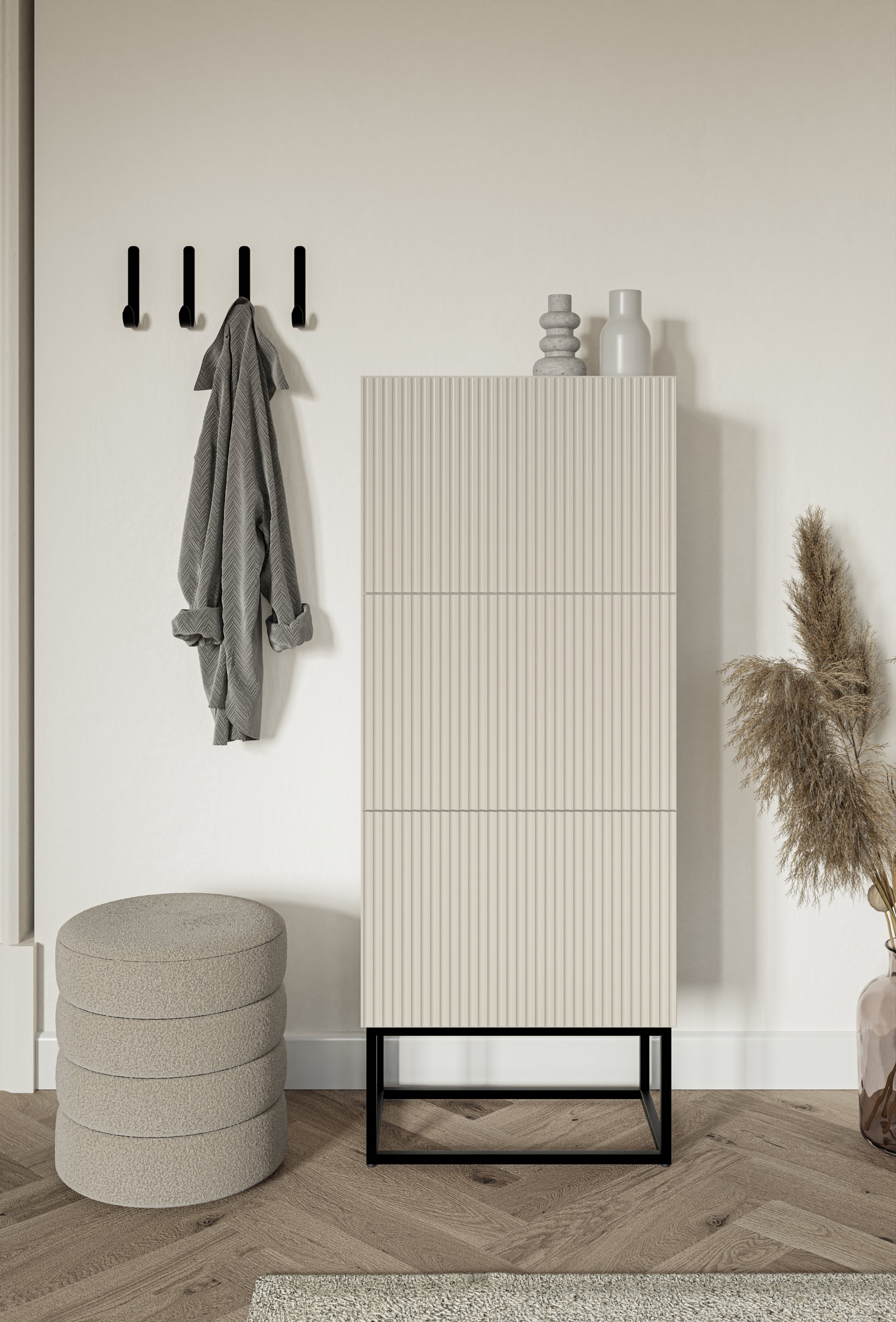 Schuhschrank Veldio mit gefräster Front und drei Fächern, 50 cm, grau-beige mit schwarzen Beinen