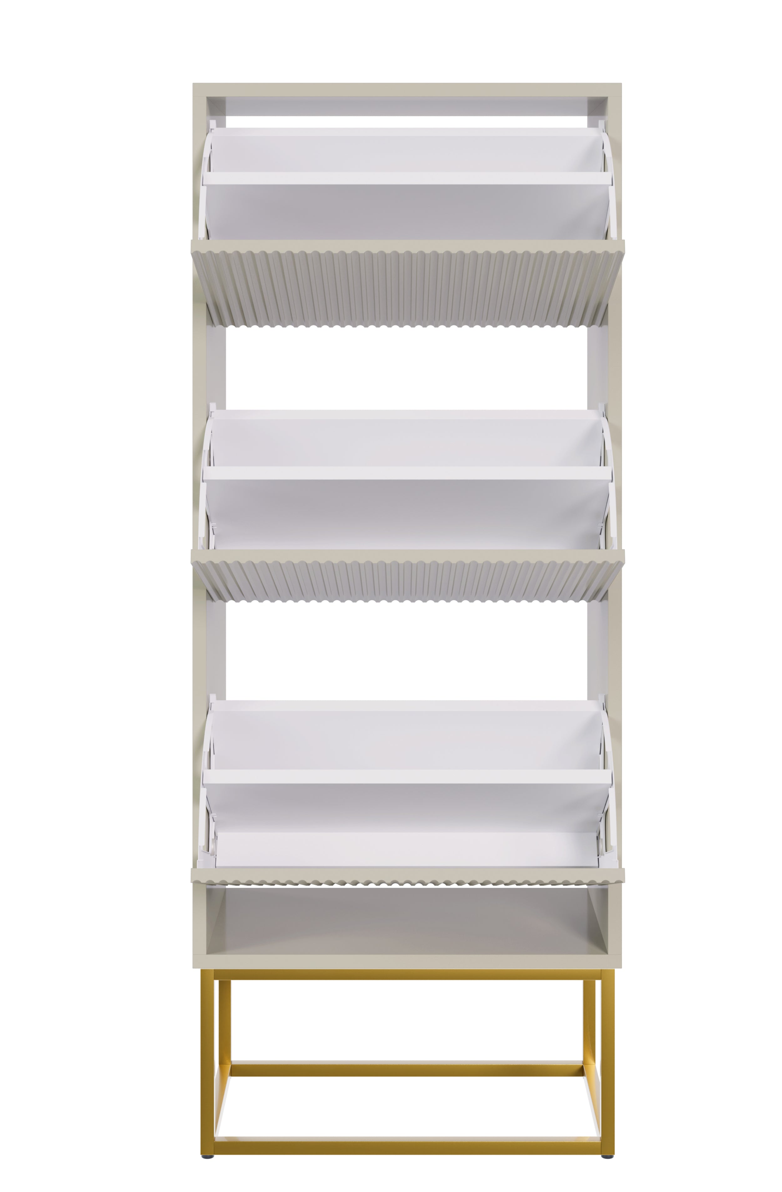 Schuhschrank Veldio mit gefräster Front und drei Fächern, 50 cm, grau-beige mit goldenen Beinen