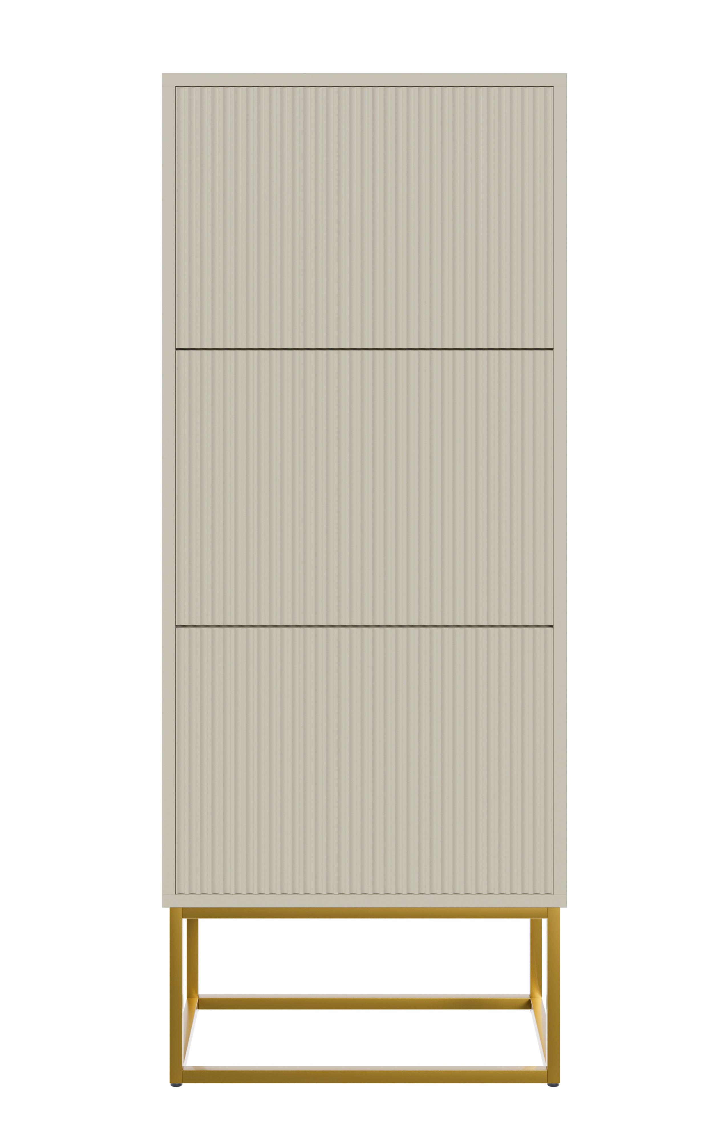 Schuhschrank Veldio mit gefräster Front und drei Fächern, 50 cm, grau-beige mit goldenen Beinen