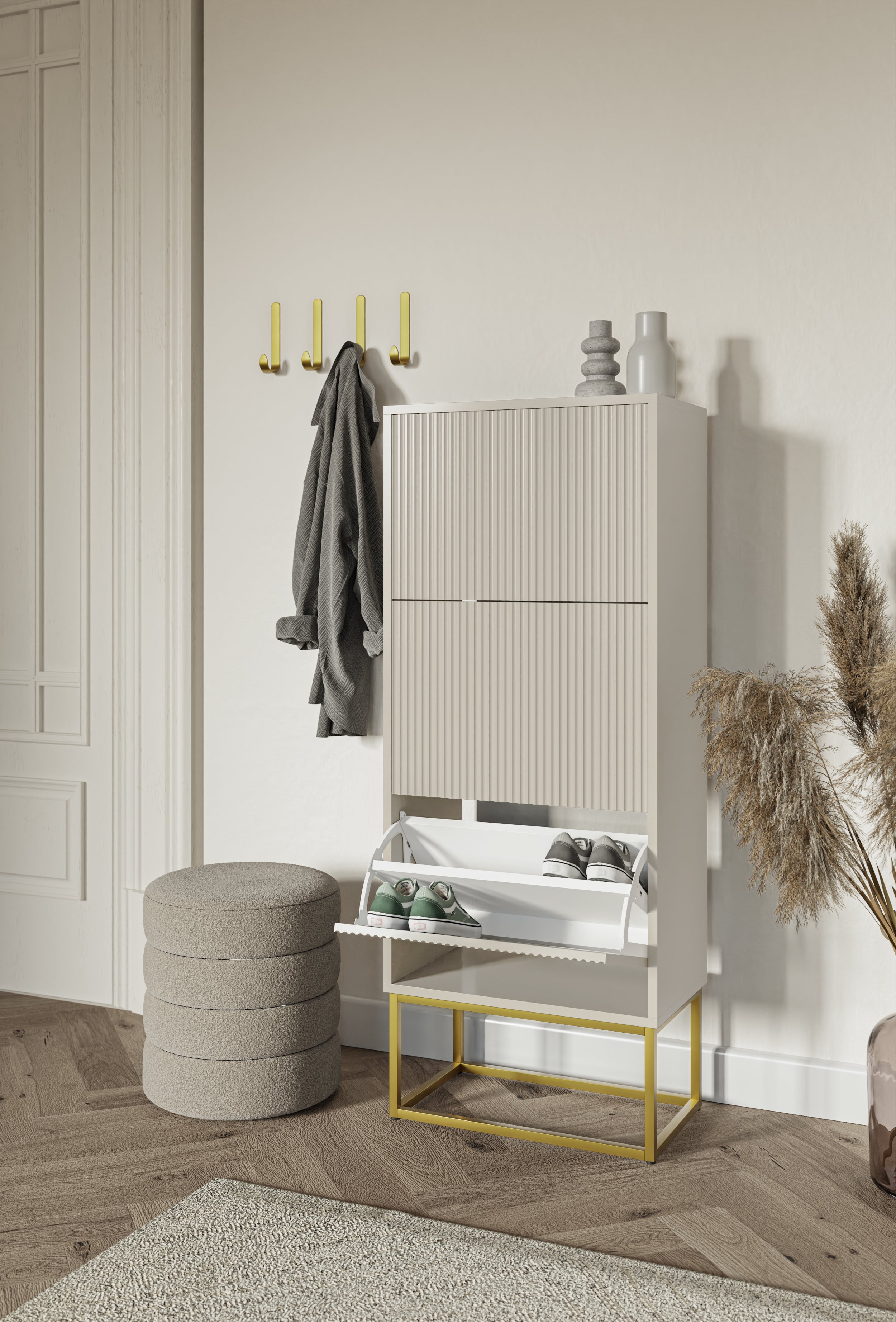 Schuhschrank Veldio mit gefräster Front und drei Fächern, 50 cm, grau-beige mit goldenen Beinen