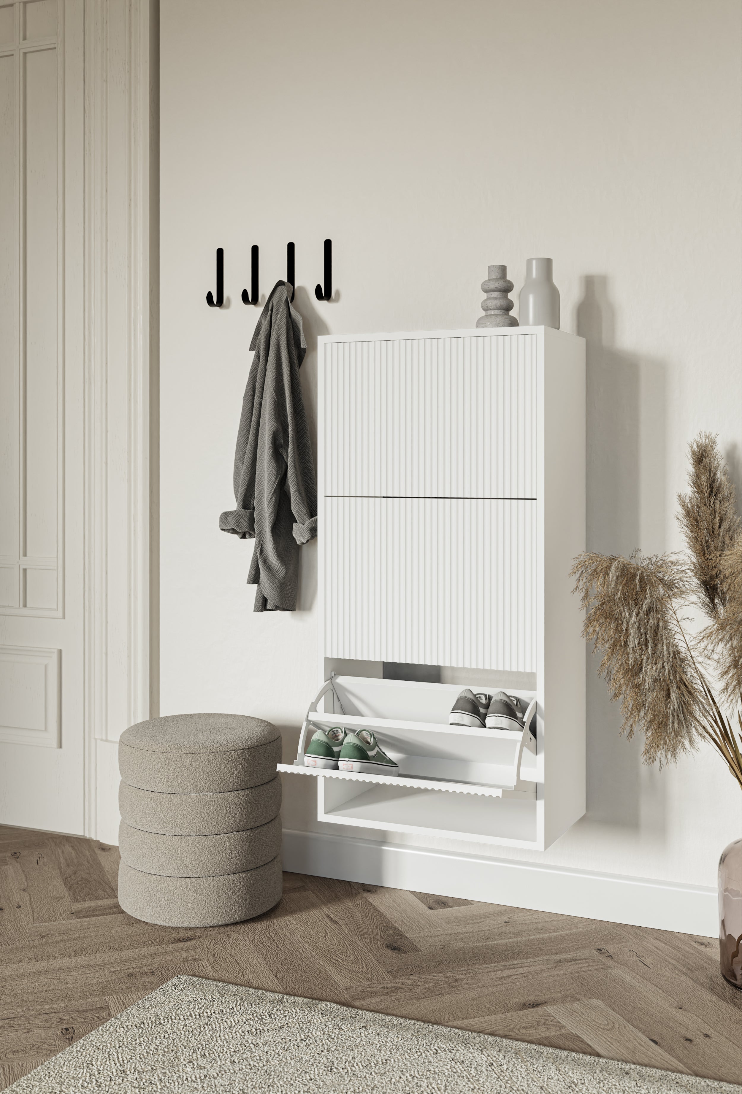 Veldio Schuhschrank mit gefräster Front und drei Fächern, 50 cm, weiß, hängend