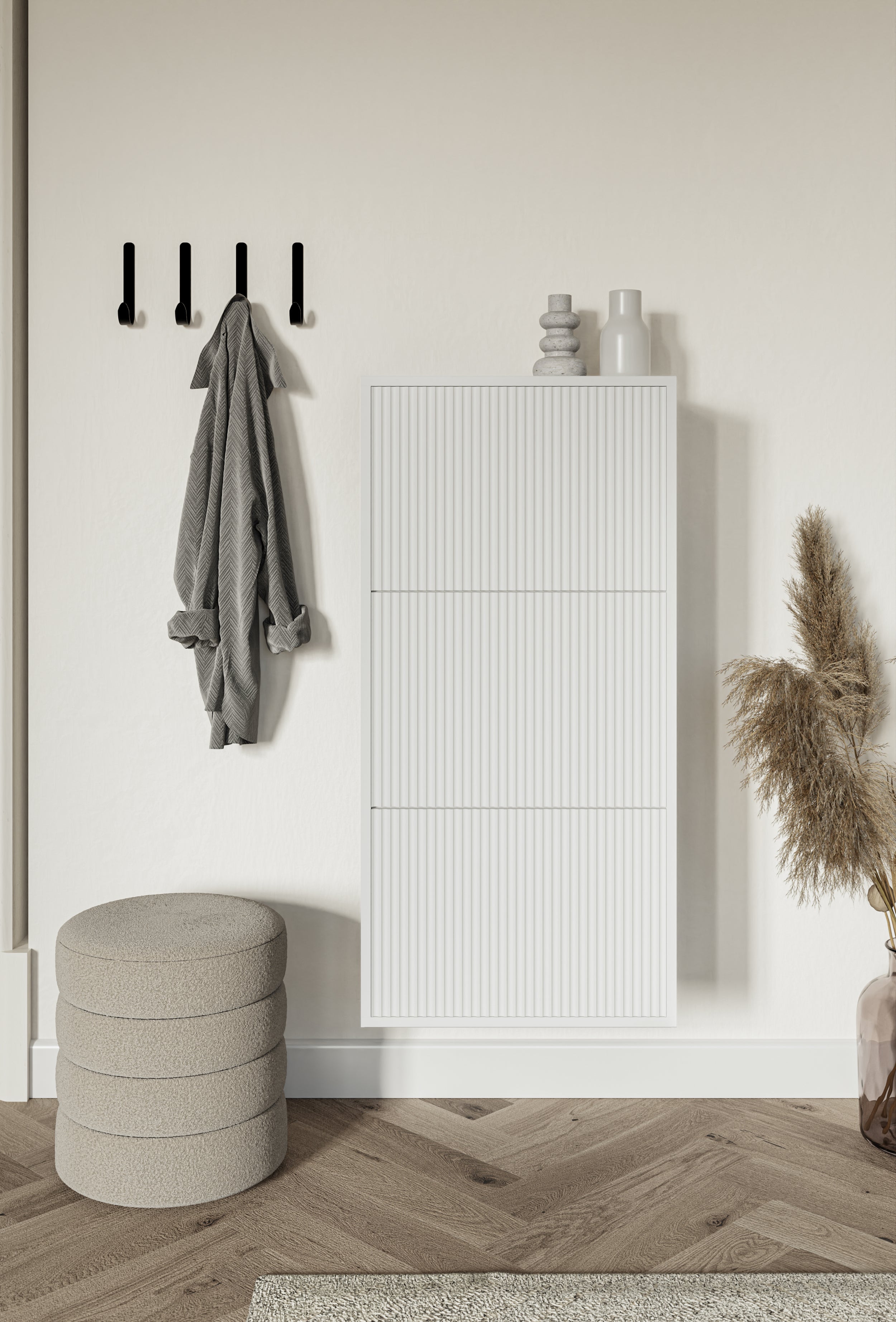 Veldio Schuhschrank mit gefräster Front und drei Fächern, 50 cm, weiß, hängend
