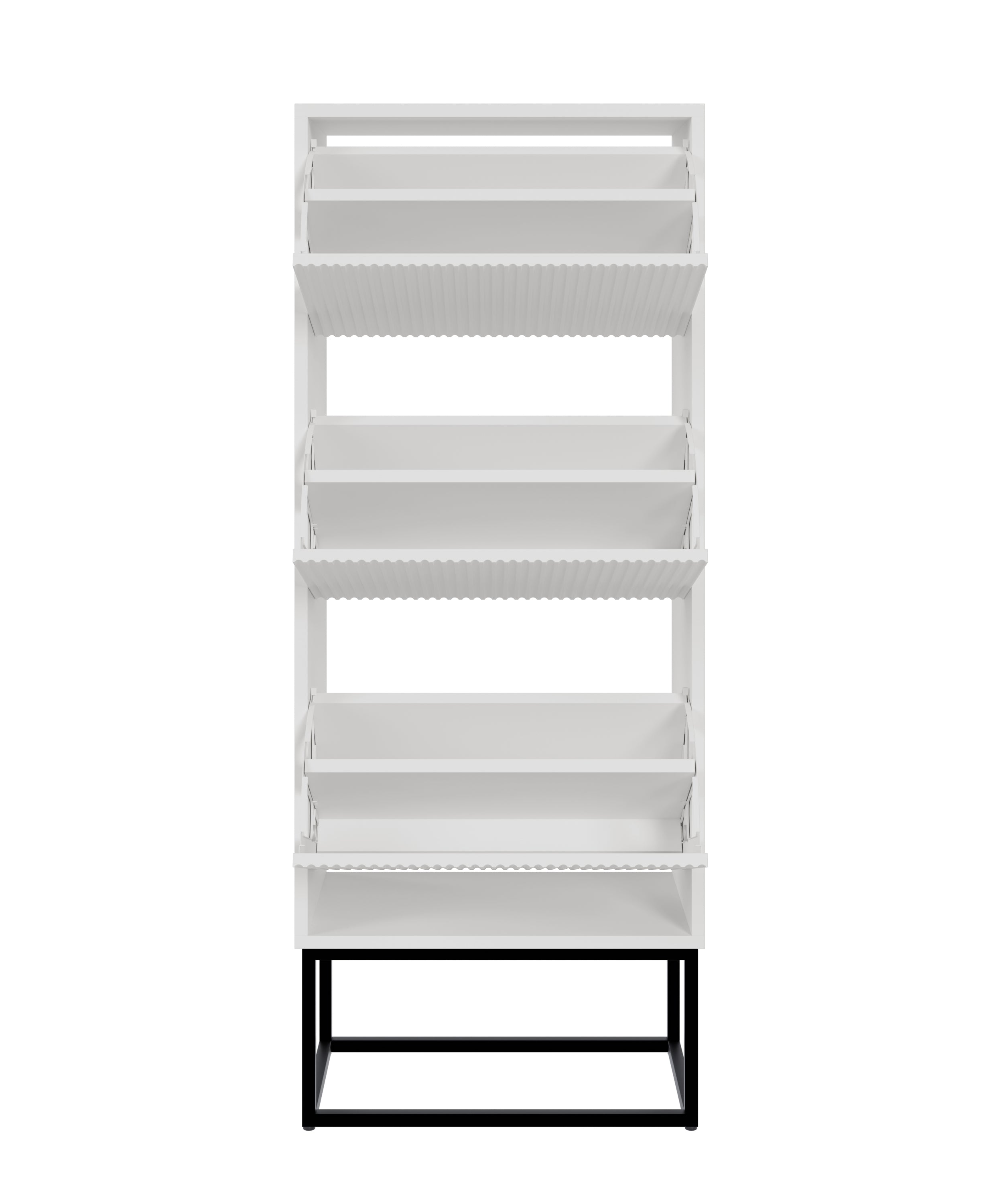 Schuhschrank Veldio mit gefräster Front und drei Fächern, 50 cm, Weiß mit schwarzen Beinen