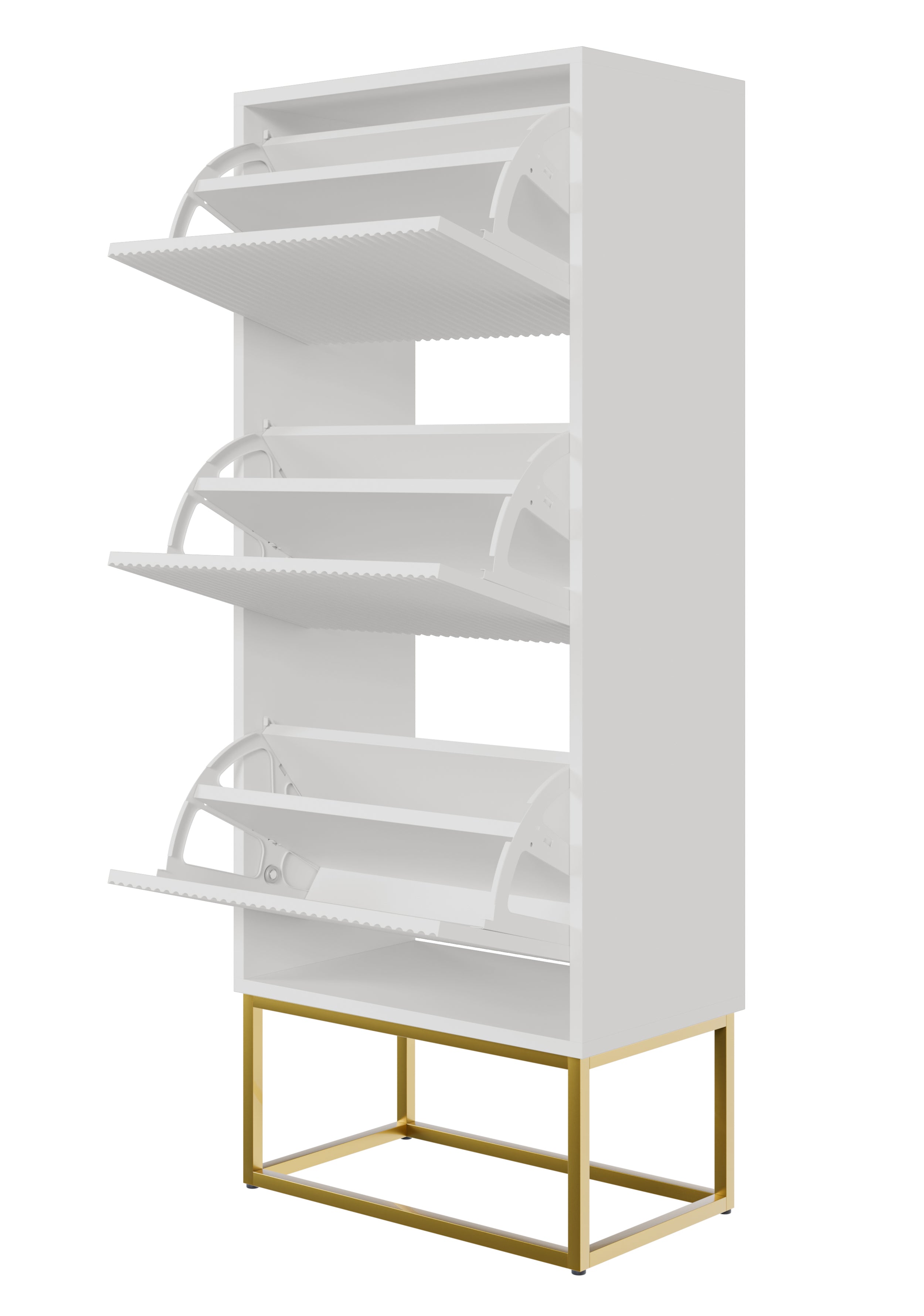 Schuhschrank Veldio mit gefräster Front und drei Fächern, 50 cm, Weiß mit goldenen Beinen