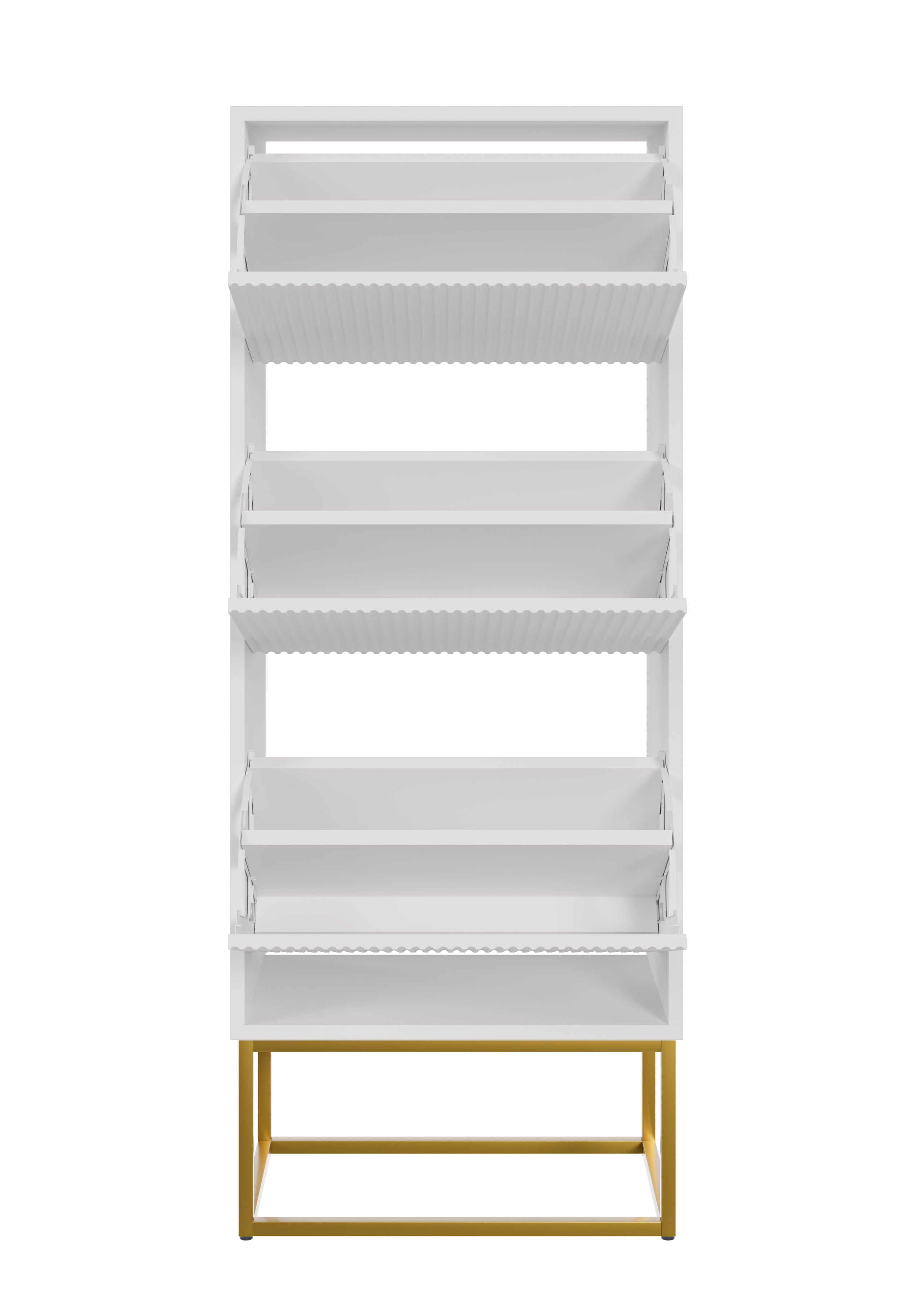 Schuhschrank Veldio mit gefräster Front und drei Fächern, 50 cm, Weiß mit goldenen Beinen