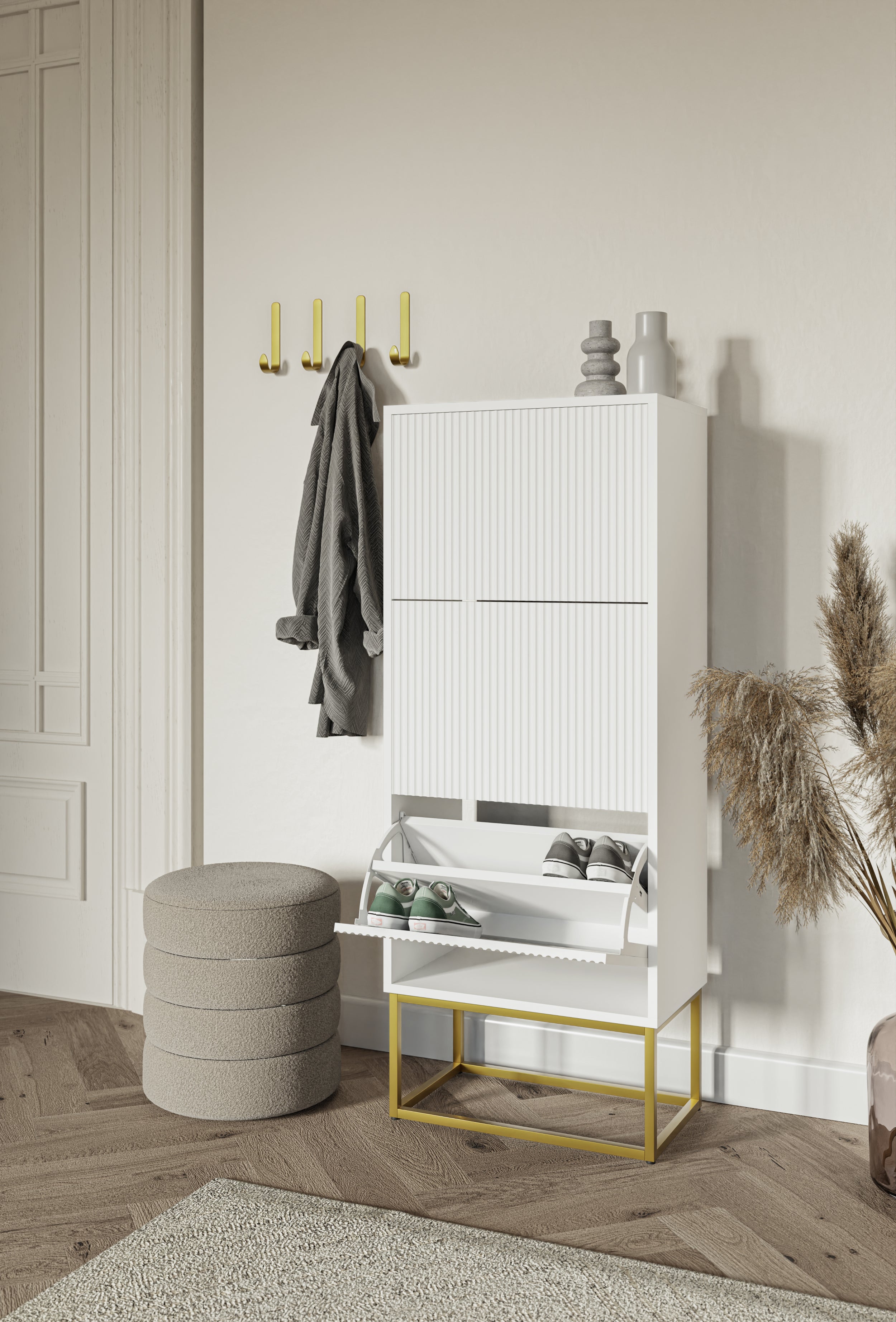 Schuhschrank Veldio mit gefräster Front und drei Fächern, 50 cm, Weiß mit goldenen Beinen