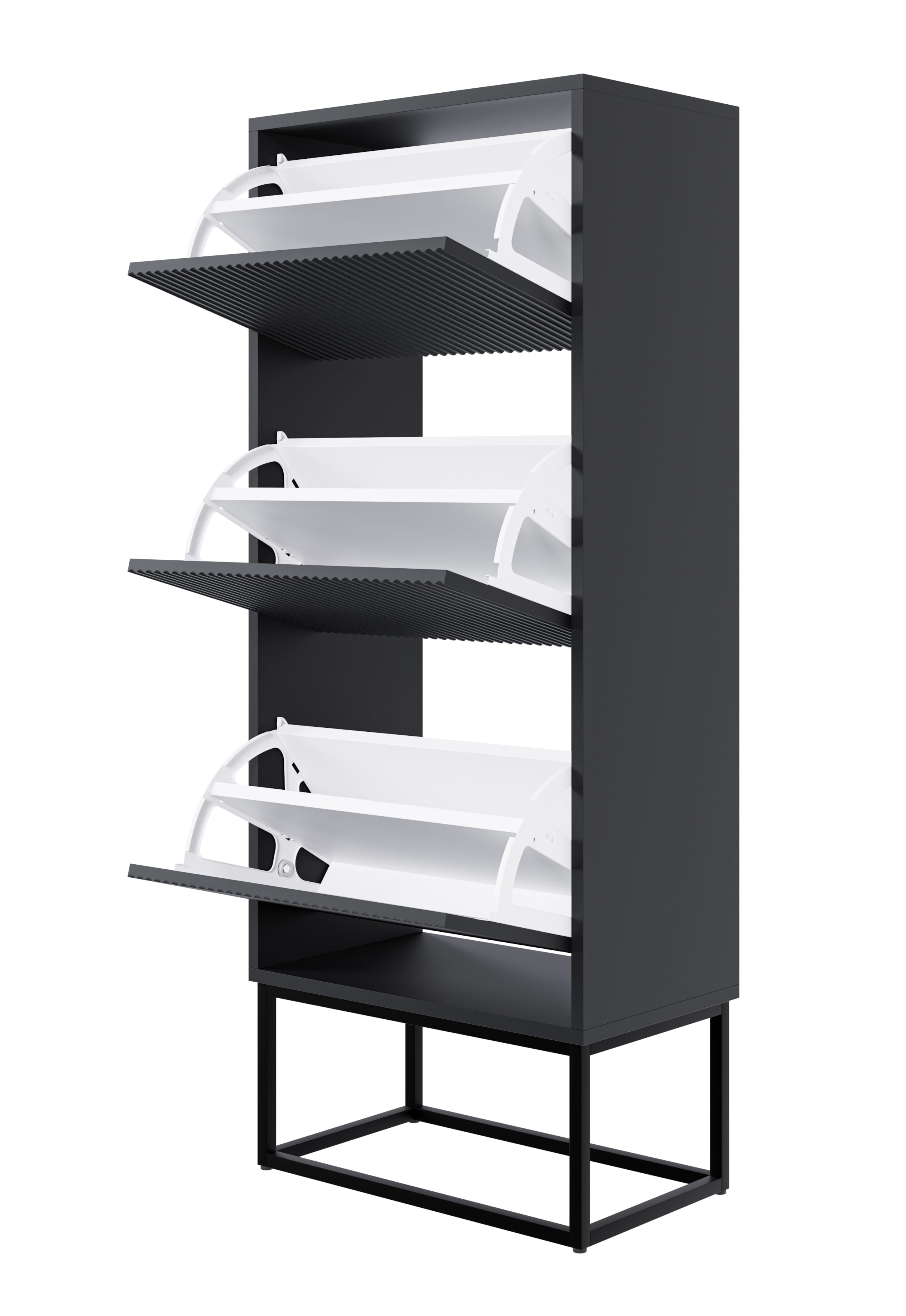 Schuhschrank Veldio mit gefräster Front und drei Fächern, 50 cm, Schwarz mit schwarzen Beinen