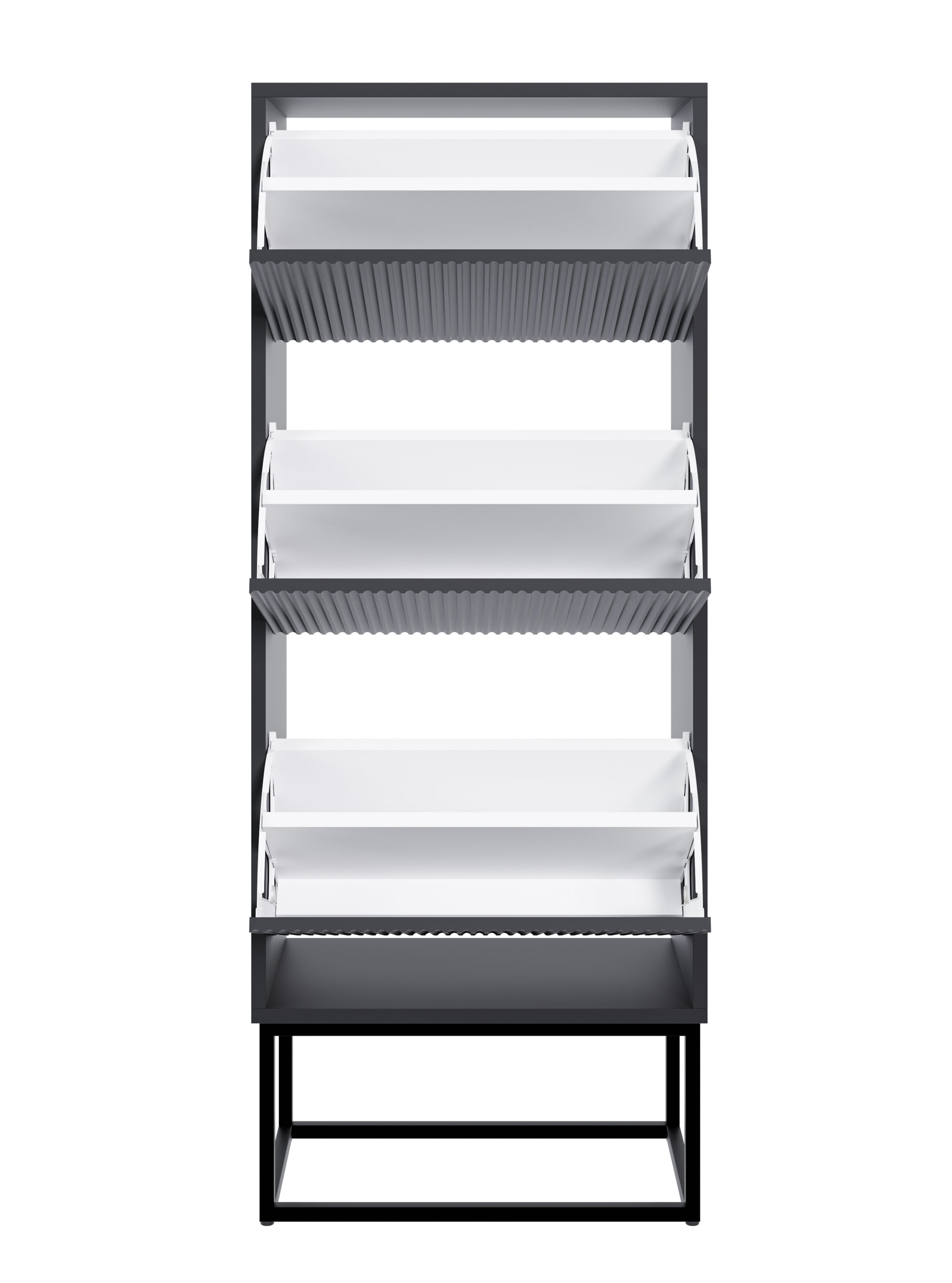 Schuhschrank Veldio mit gefräster Front und drei Fächern, 50 cm, Schwarz mit schwarzen Beinen