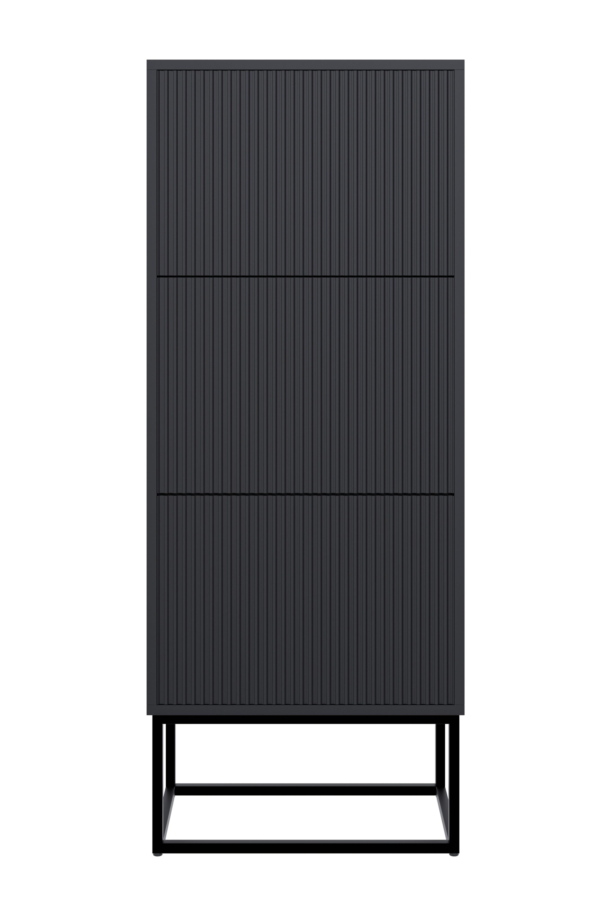 Schuhschrank Veldio mit gefräster Front und drei Fächern, 50 cm, Schwarz mit schwarzen Beinen
