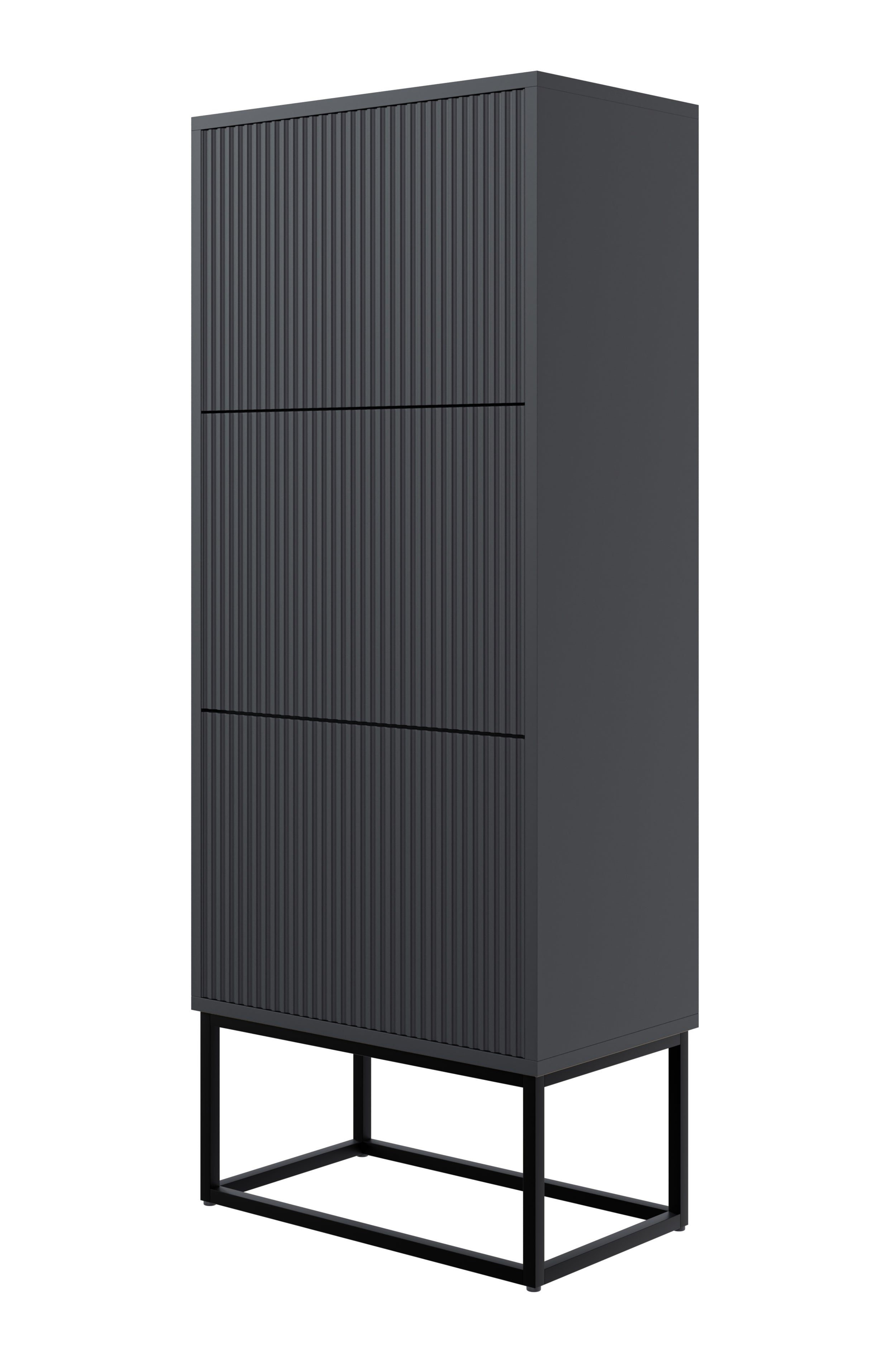 Schuhschrank Veldio mit gefräster Front und drei Fächern, 50 cm, Schwarz mit schwarzen Beinen