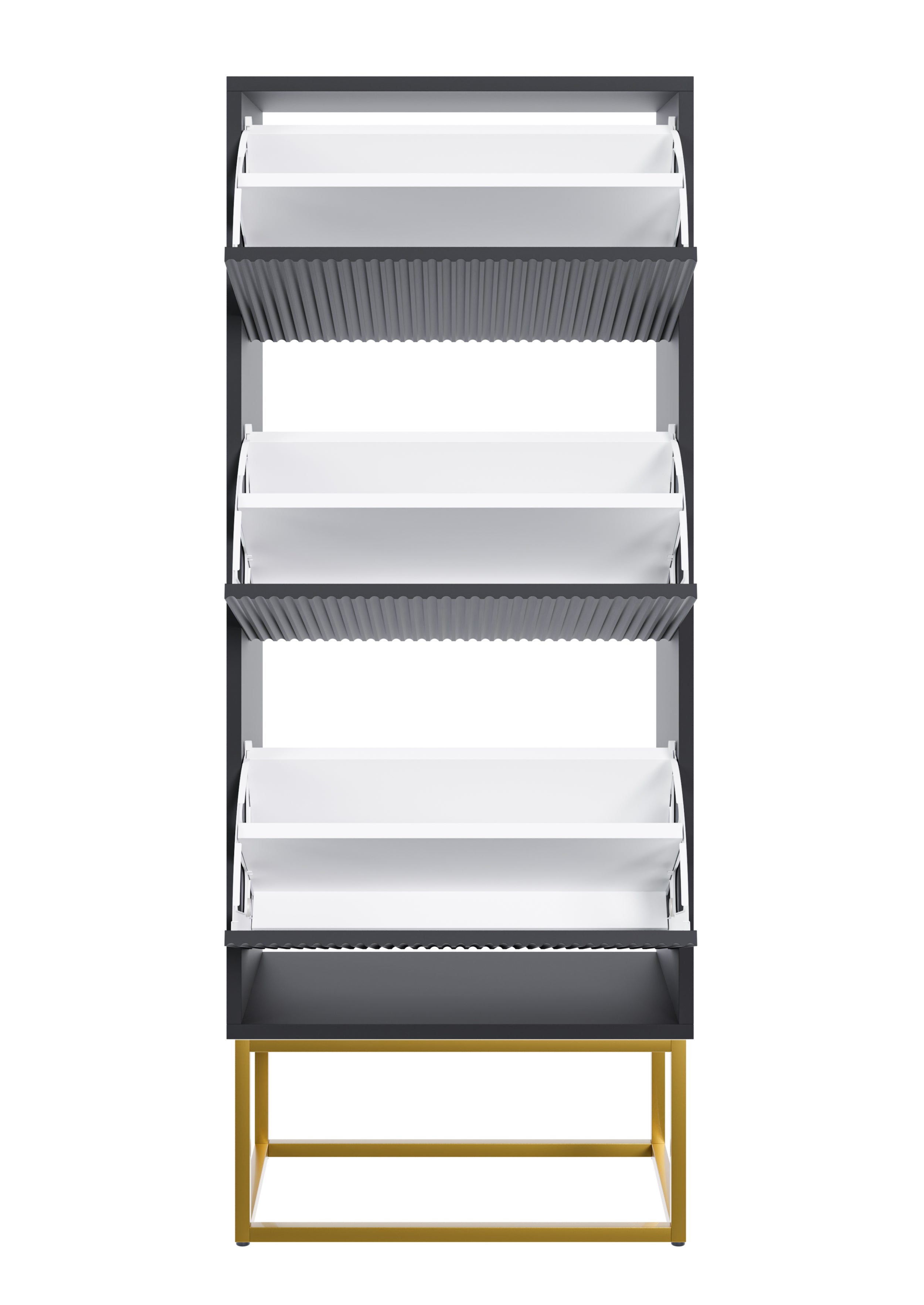 Schuhschrank Veldio mit gefräster Front und drei Fächern, 50 cm, Schwarz mit goldenen Beinen