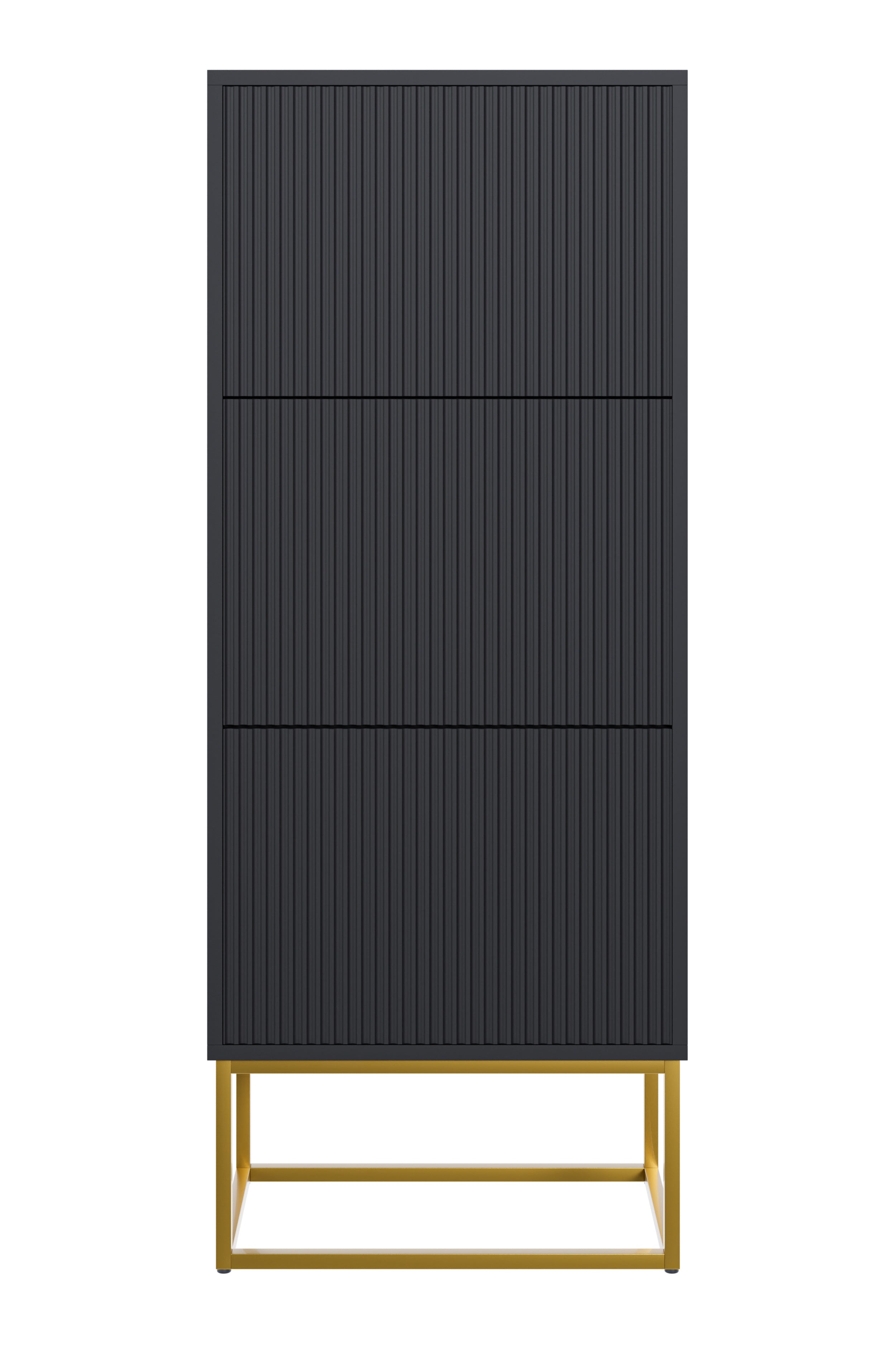 Schuhschrank Veldio mit gefräster Front und drei Fächern, 50 cm, Schwarz mit goldenen Beinen