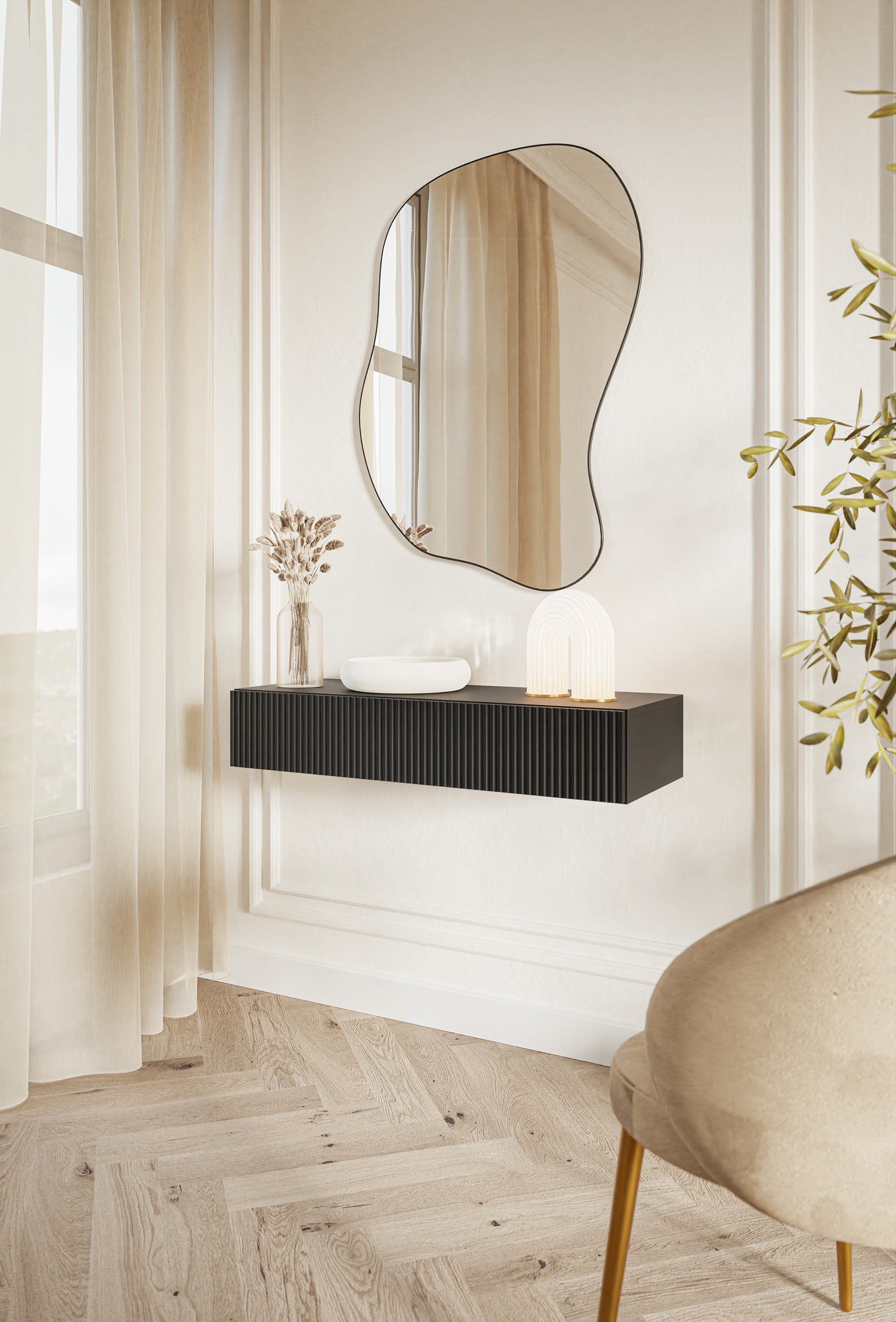 Veldio-Konsole mit gefräster Front und 90 cm Schublade, schwarz, hängend