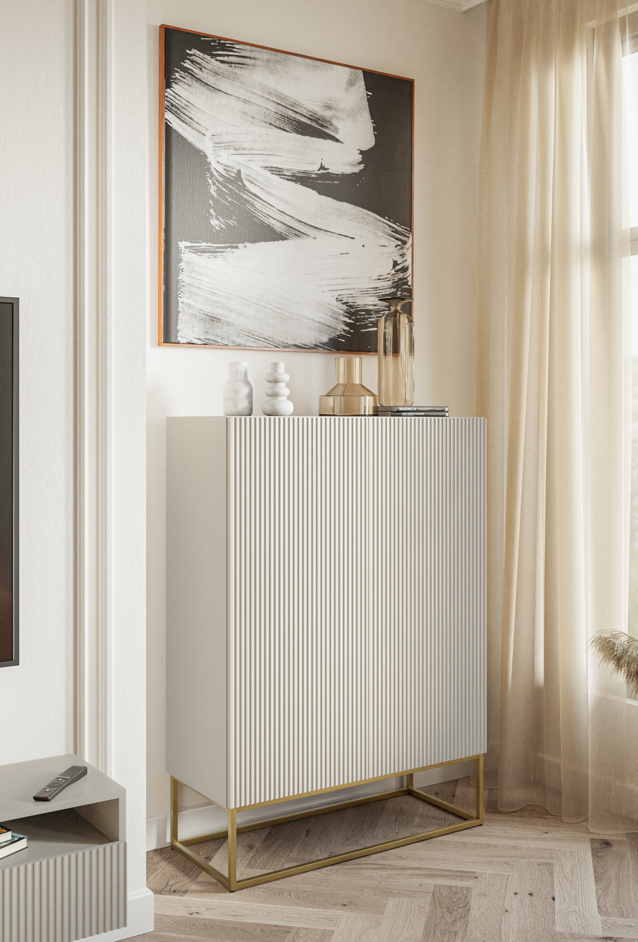 Zweiturige Kommode Veldio mit gefräster Front 90 cm Grau-Beige mit goldenen Beinen