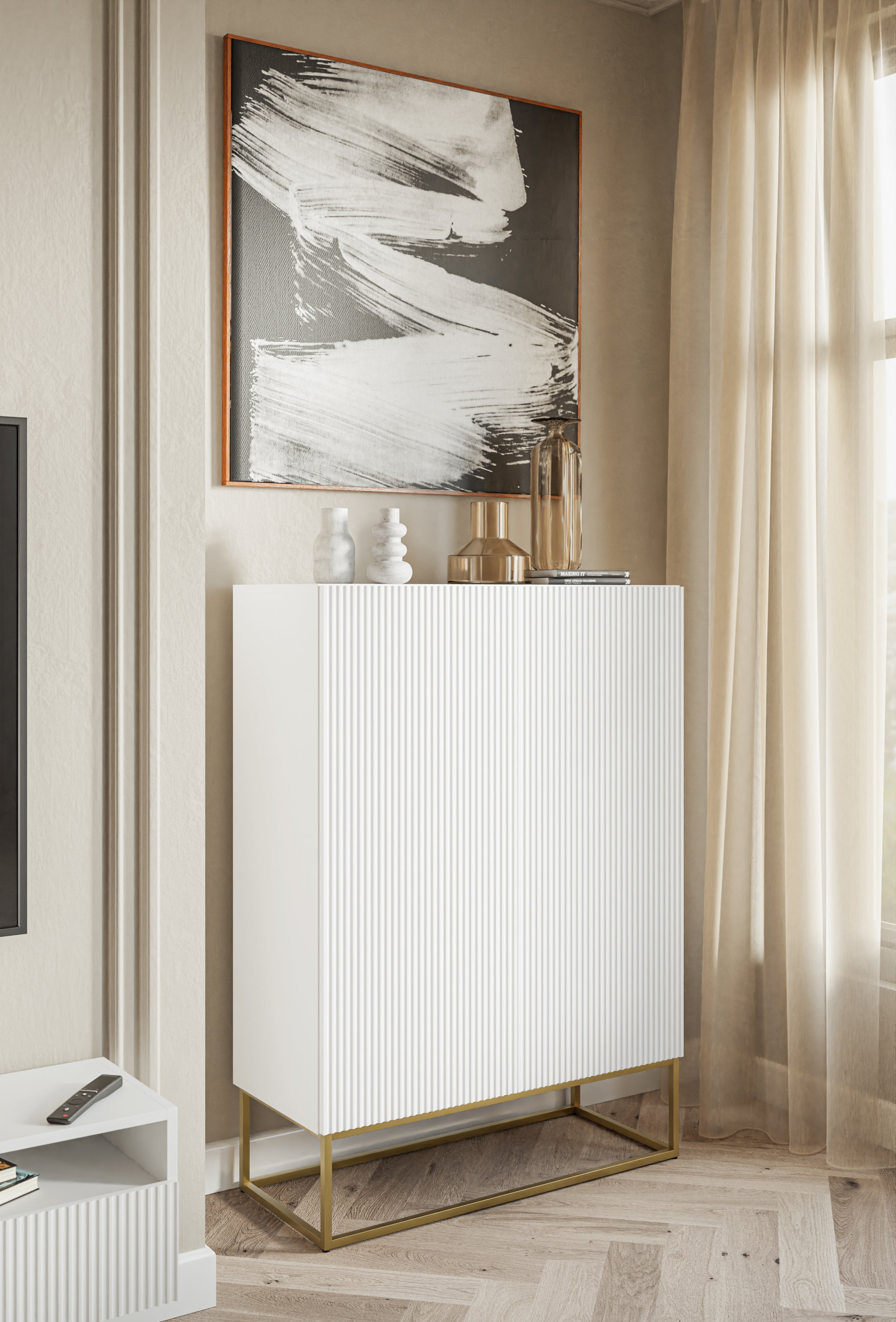 Zweiturige Kommode Veldio mit gefräster Front 90 cm Grau-Beige mit schwarzen Beinen