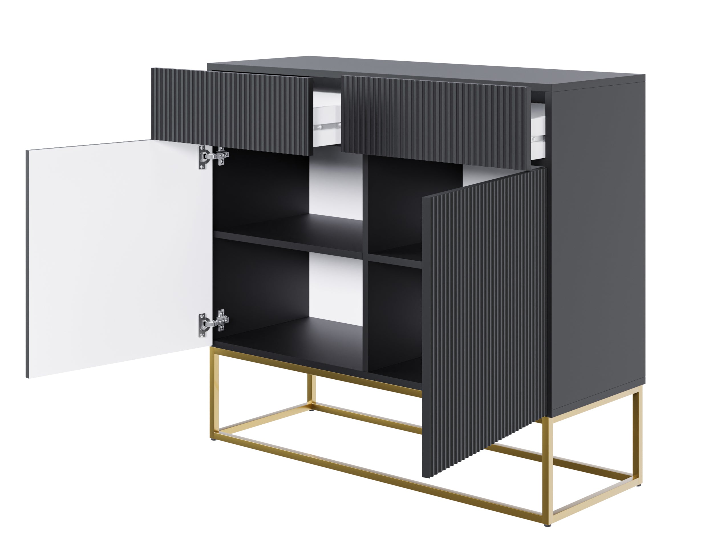 Zweiturige Kommode Veldio mit gefräster Front und zwei Schubladen, 100 cm, Schwarz mit goldenen Beinen