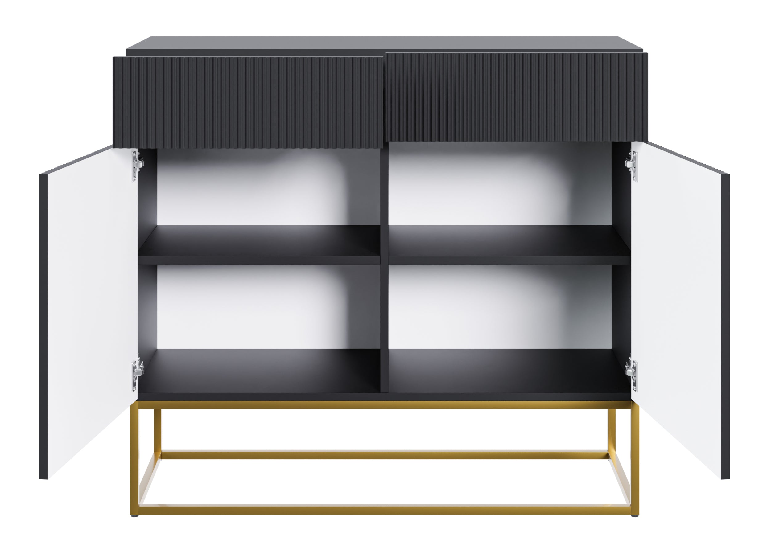Zweiturige Kommode Veldio mit gefräster Front und zwei Schubladen, 100 cm, Schwarz mit goldenen Beinen