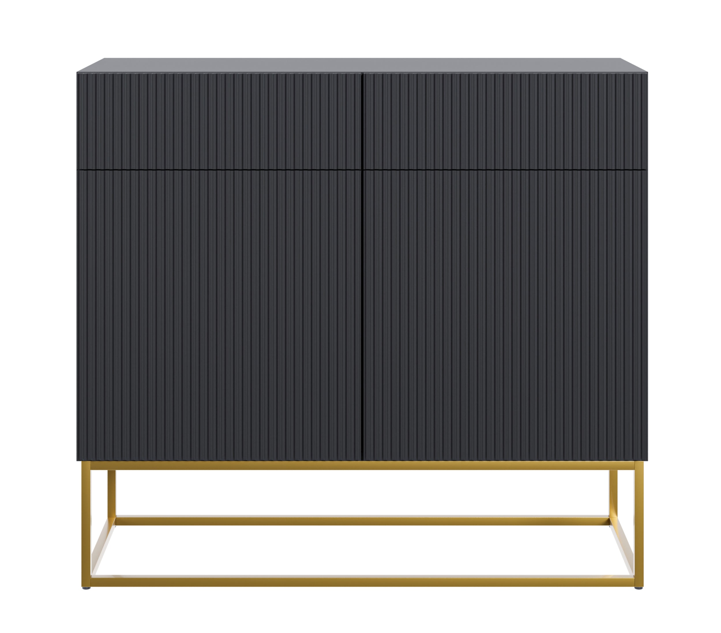 Zweiturige Kommode Veldio mit gefräster Front und zwei Schubladen, 100 cm, Schwarz mit goldenen Beinen
