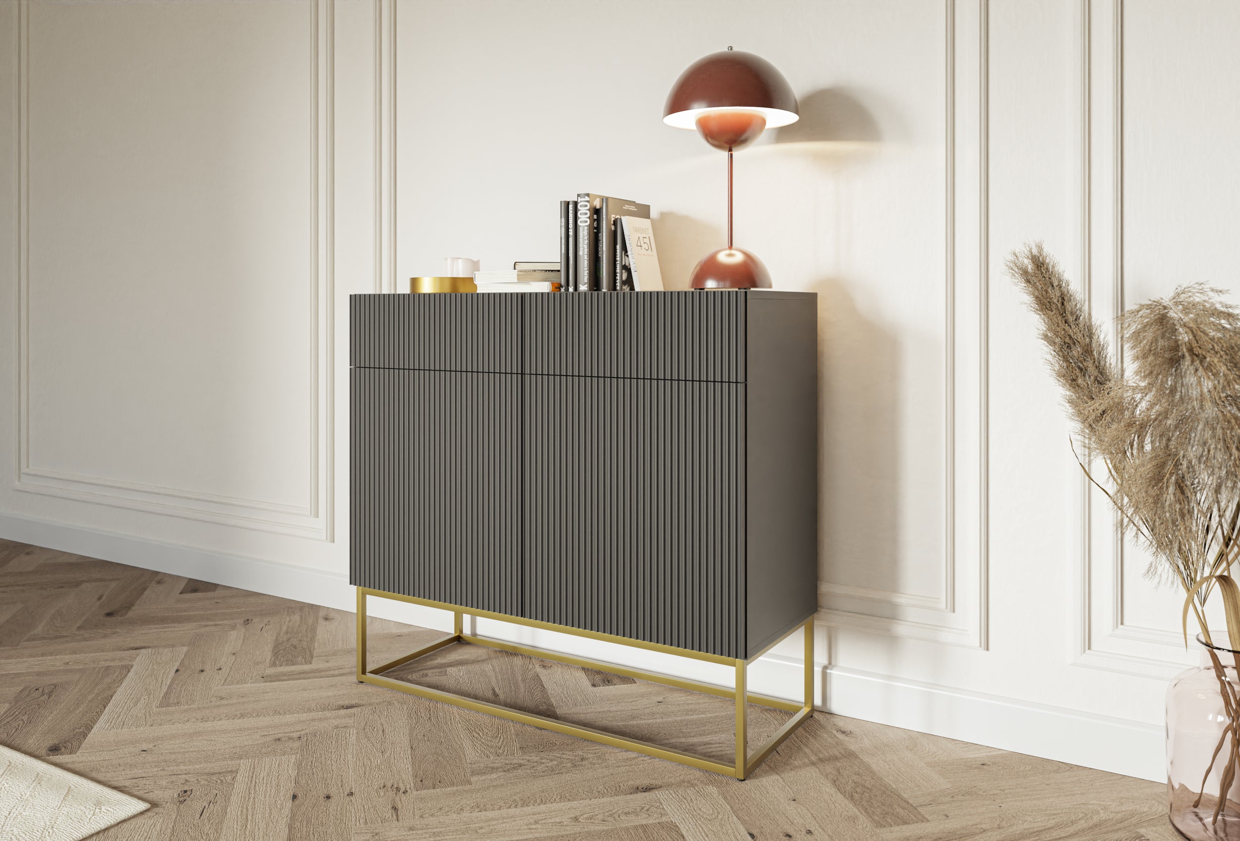 Zweiturige Kommode Veldio mit gefräster Front und zwei Schubladen, 100 cm, Schwarz mit goldenen Beinen