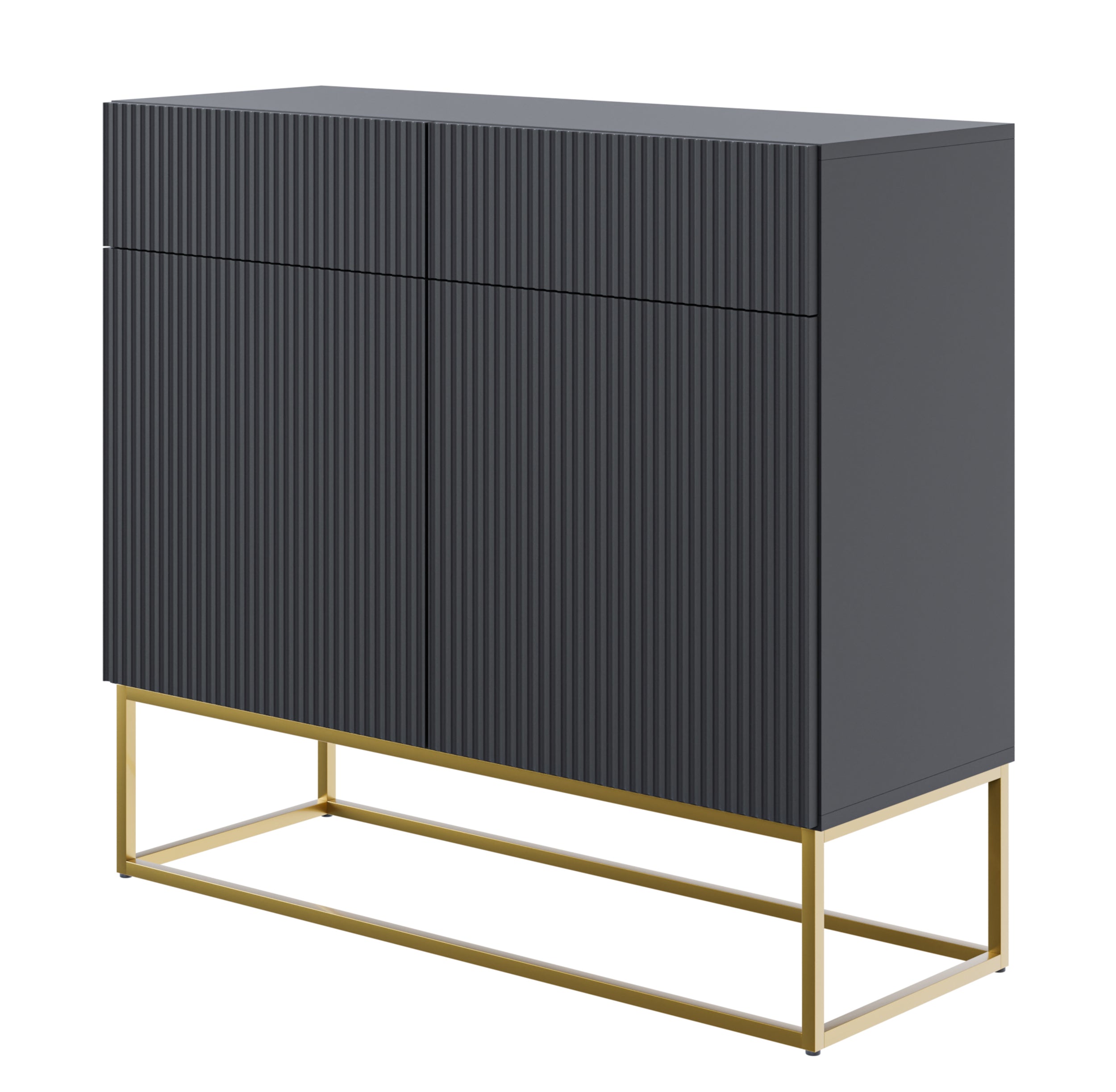 Zweiturige Kommode Veldio mit gefräster Front und zwei Schubladen, 100 cm, Schwarz mit goldenen Beinen